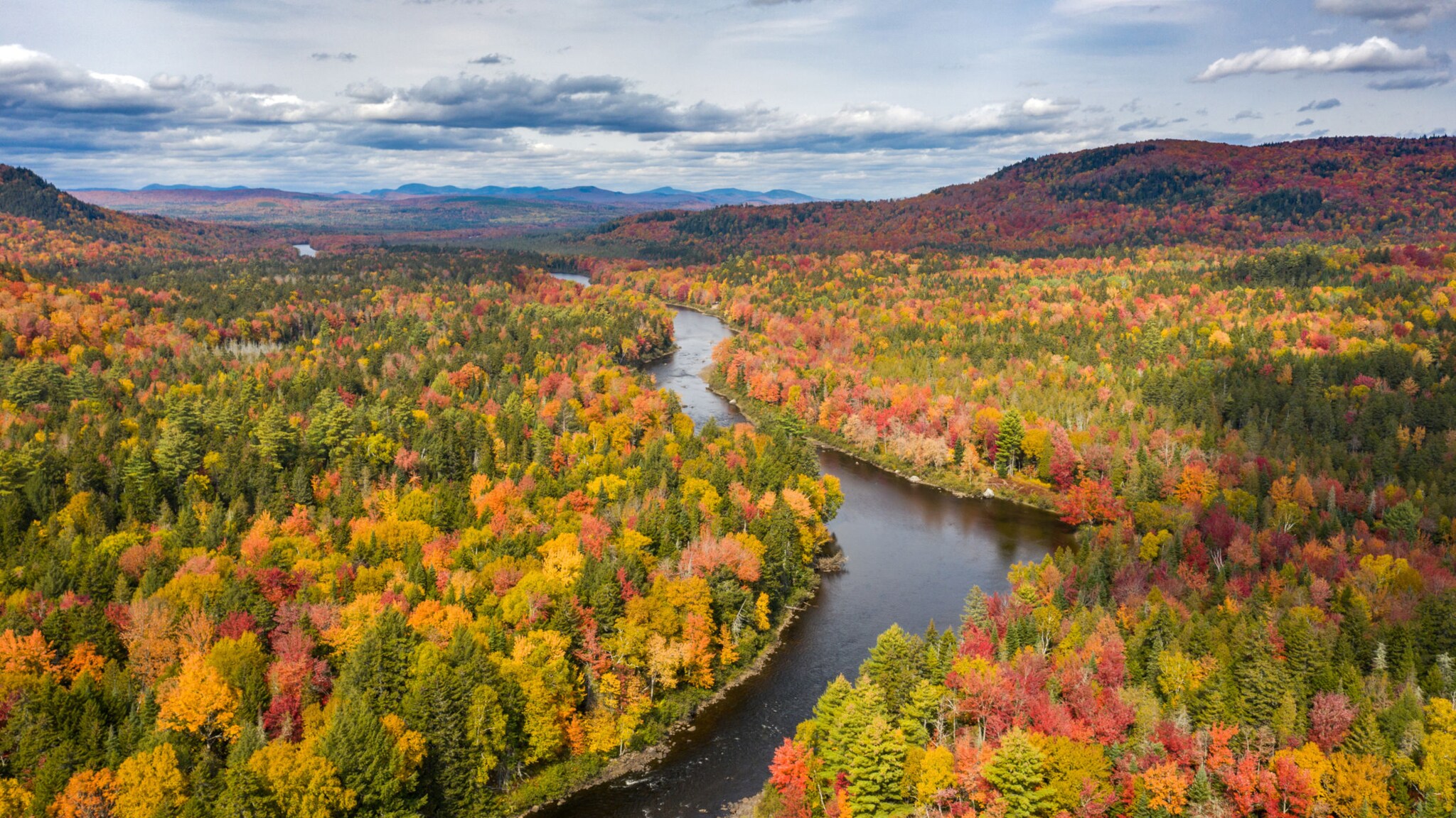 Landschaftpanorama mit Fluss in einem Waldgebiet mit unterschiedlich gefärbten Bäumen im Herbst.