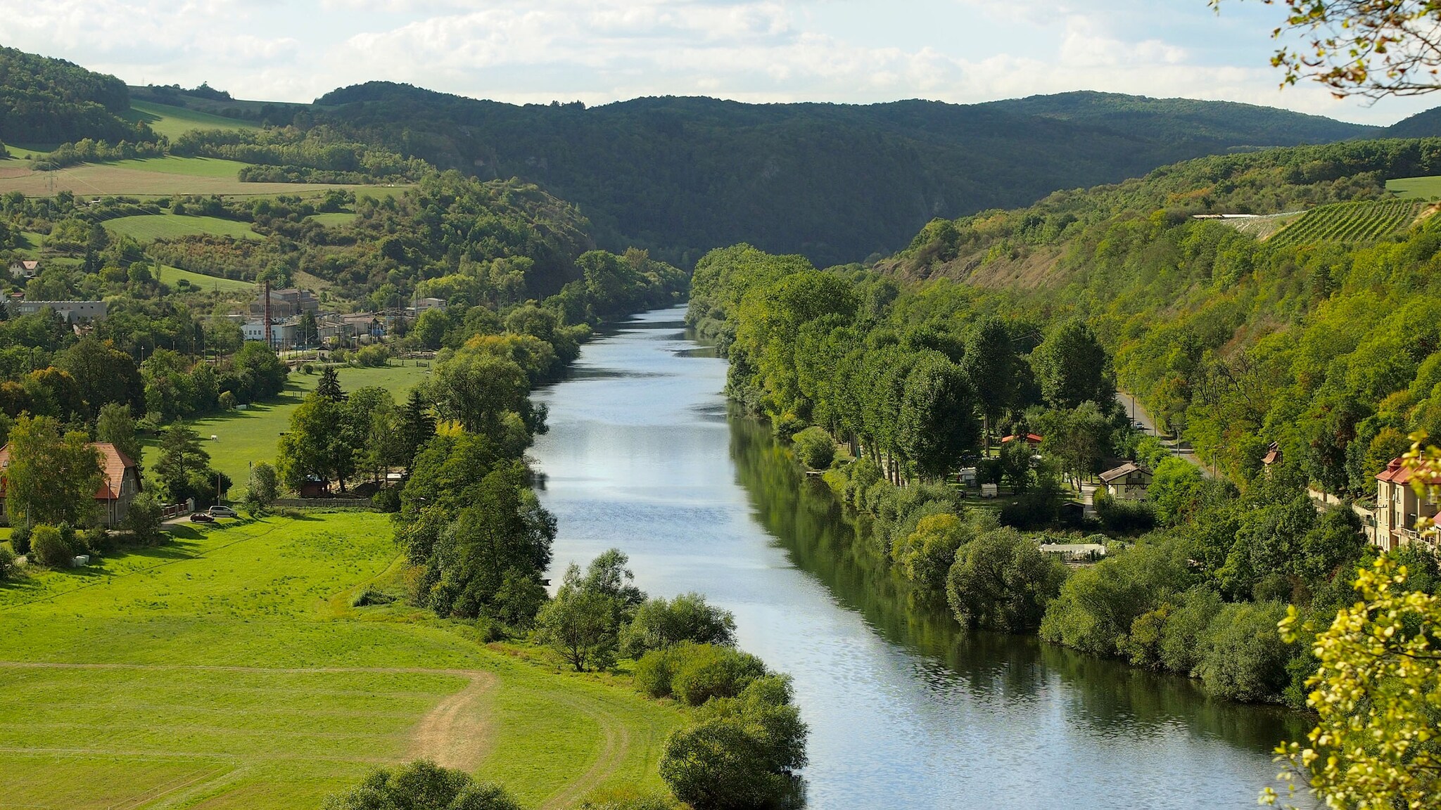 Durch eine grüne Landschaft fließt ein großer Fluss.
