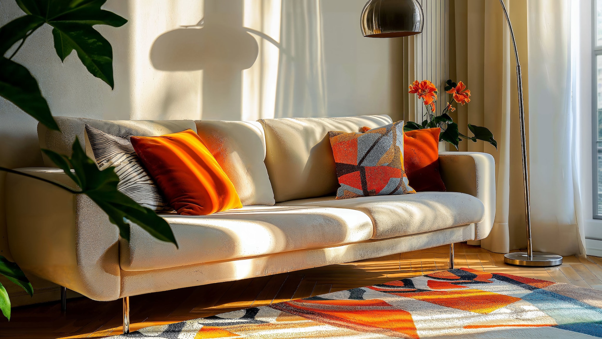 Auf einem hellen Sofa liegen bunte Kissen.