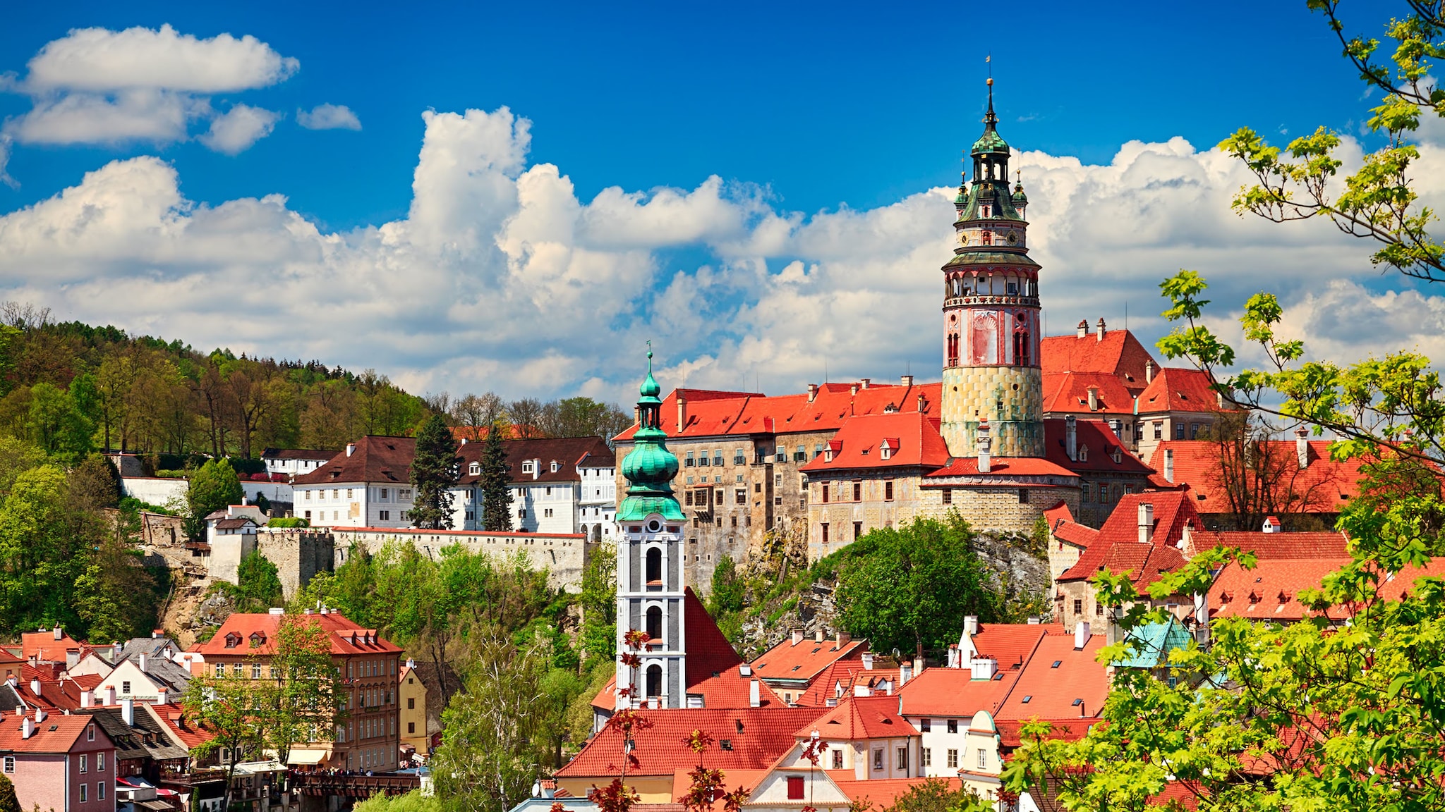 In einer Stadt mit historischen Gebäuden steht ein Schloss.