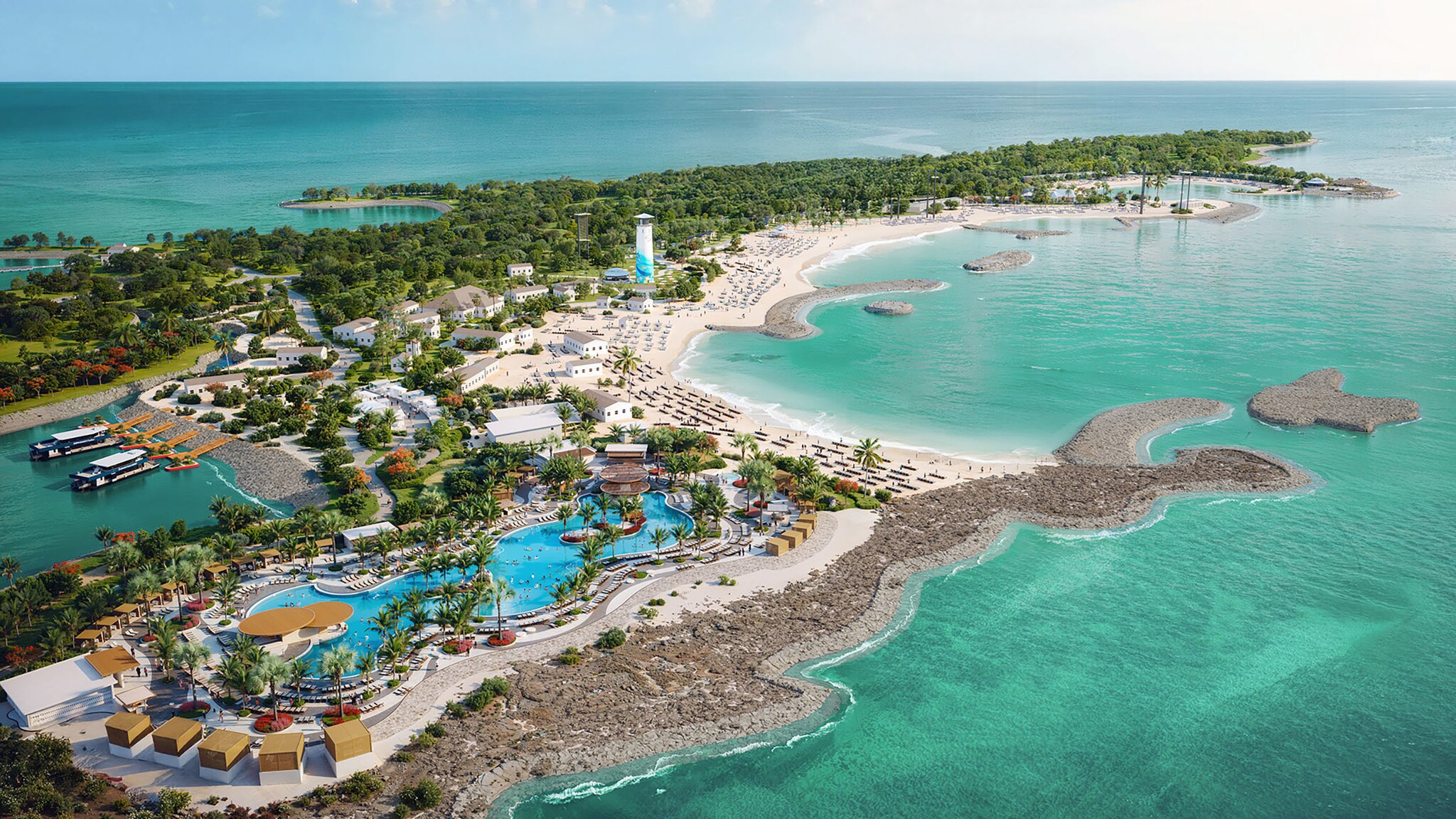 Auf einer Insel in den Bahamas befindet sich eine Poollandschaft.