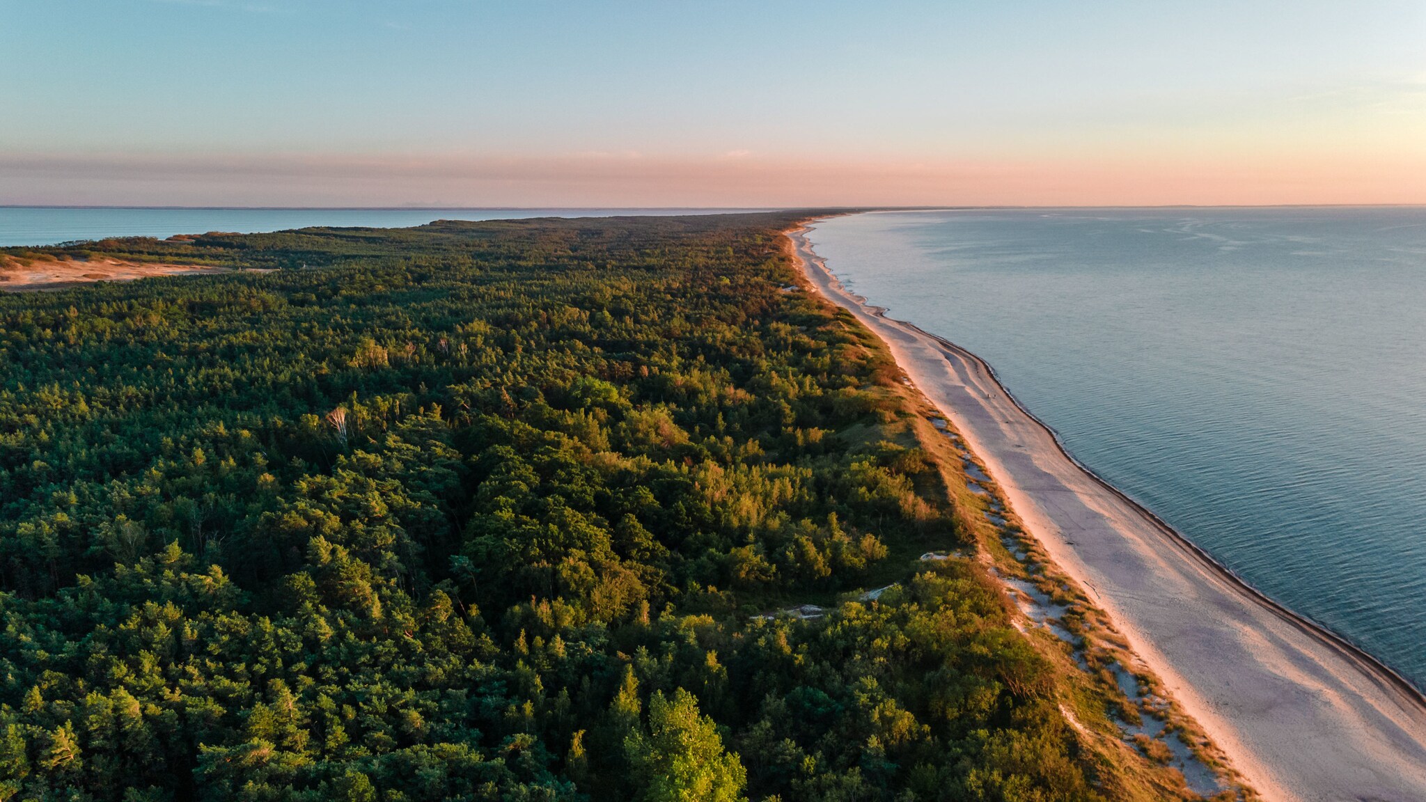 Luftaufnahme einer kilometerlangen Landzunge mit Waldgebiet und Sandstrand im sanften Sonnenlicht.