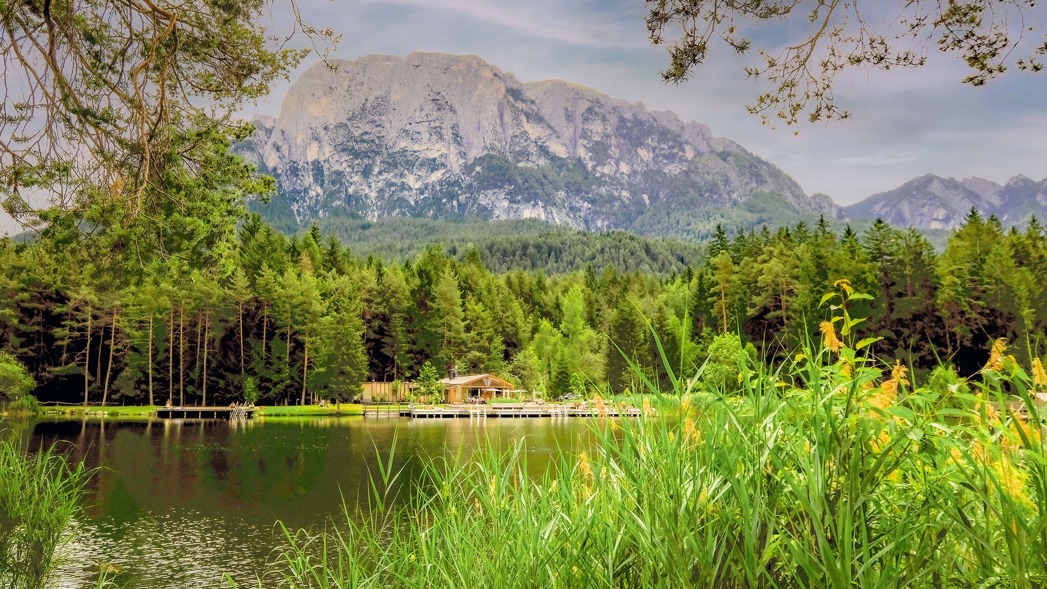 Kleiner See mit Holzhütte und Steg in einem Waldgebiet vor Bergkulisse. Im Vordergrund rahmen grüne Gräser am Wasser das Bild.