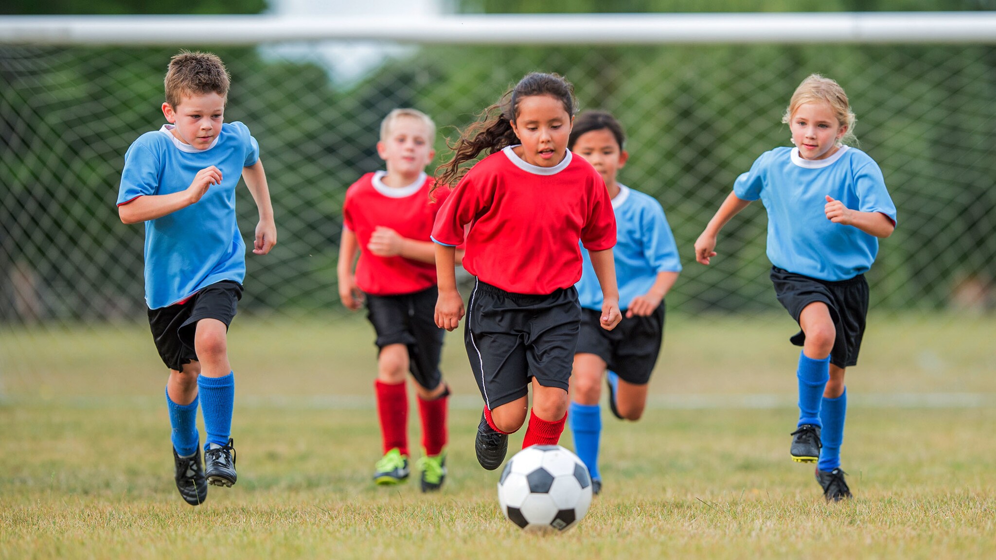 Frontalansicht von drei Jungen und zwei Mädchen in Fußballtrikots, die auf einem Rasenplatz vor einem Tor hinter einem Fußball herrennen.