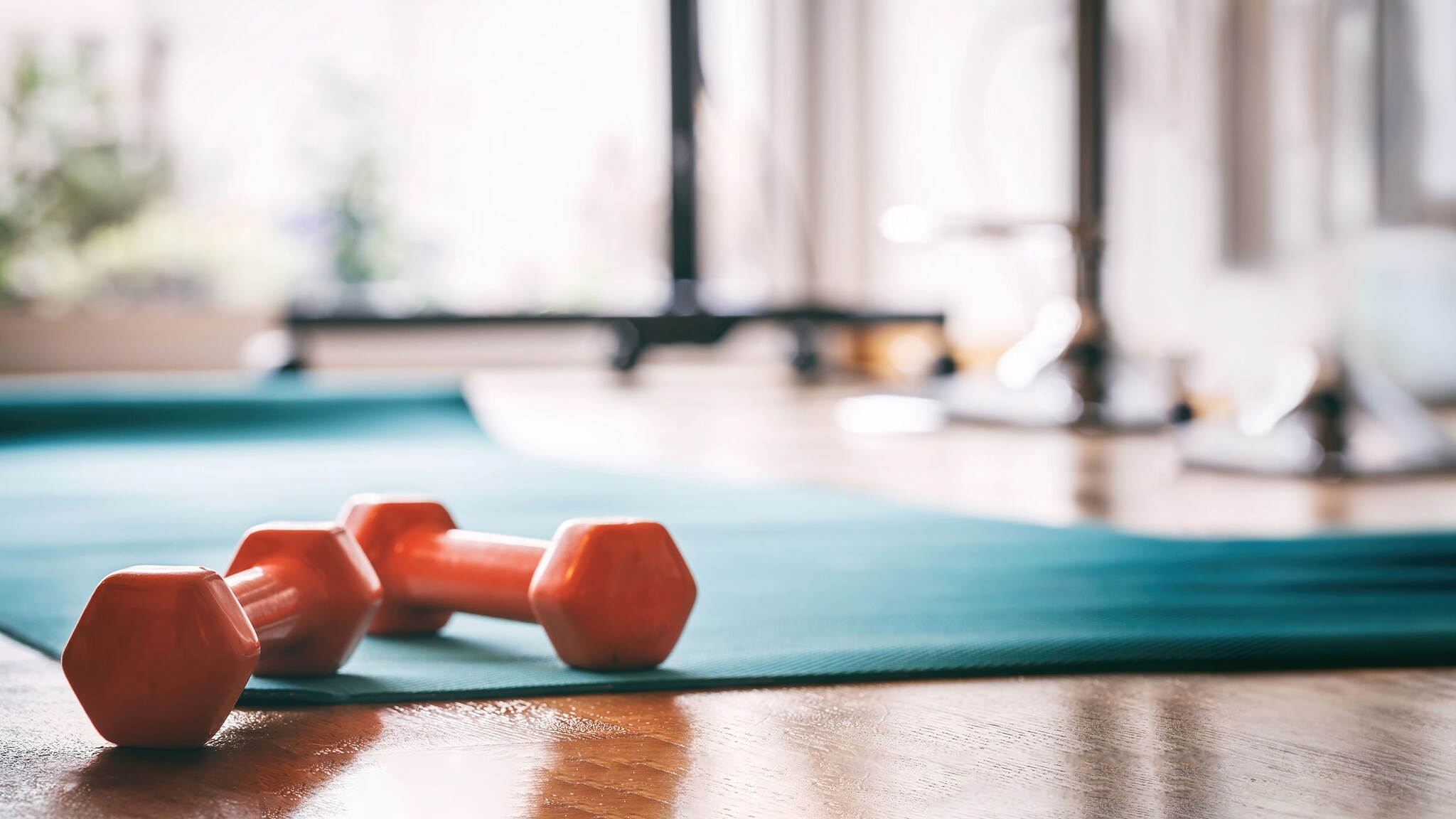 In einem Fitnessstudio liegen Kurzhanteln auf einer Yogamatte.