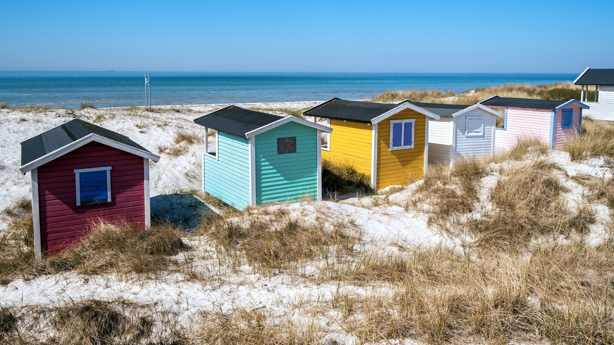 Bunte Badehütten am weißen Strand mit Dünen am Strand von Skanör-Falsterbo.