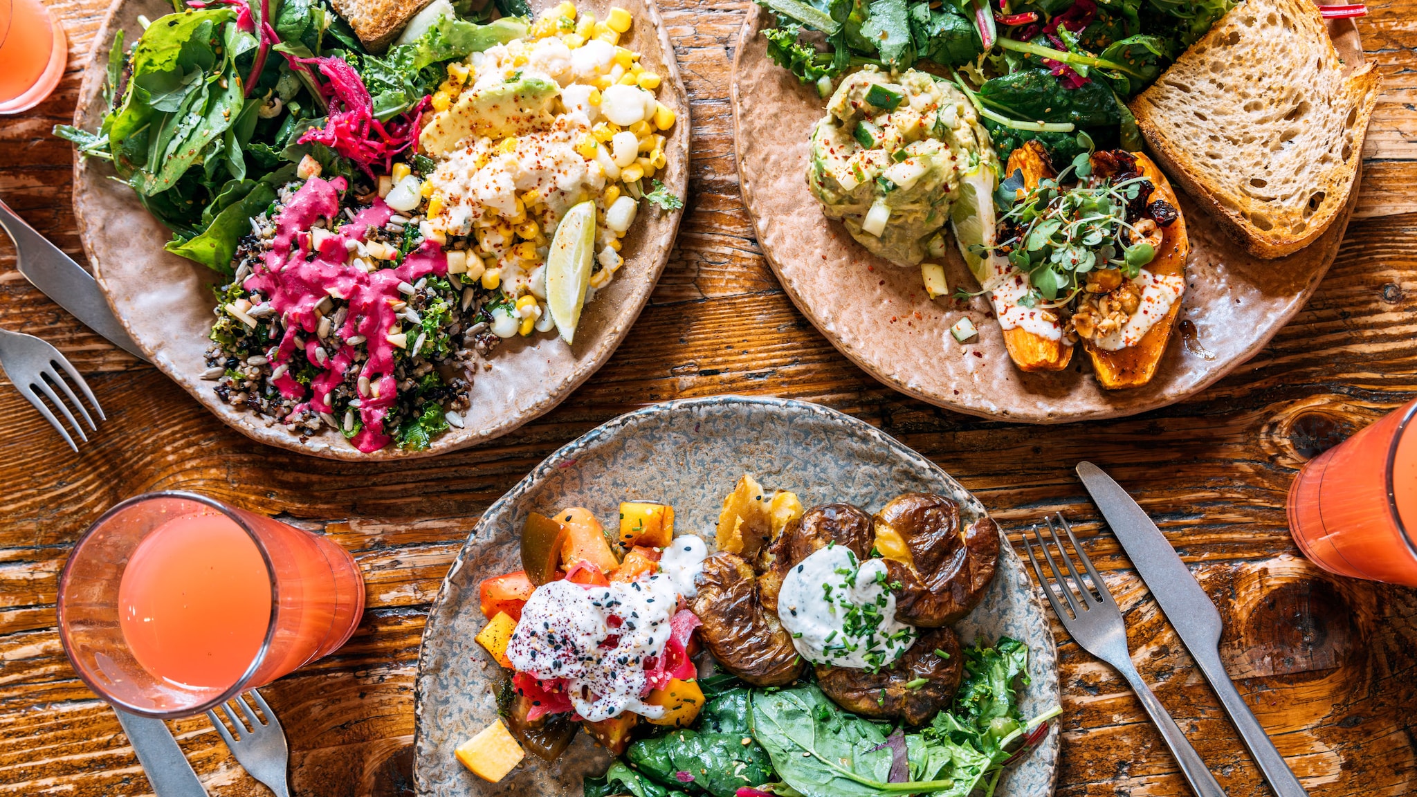 Drei Teller mit hübsch angerichteten veganen Speisen.