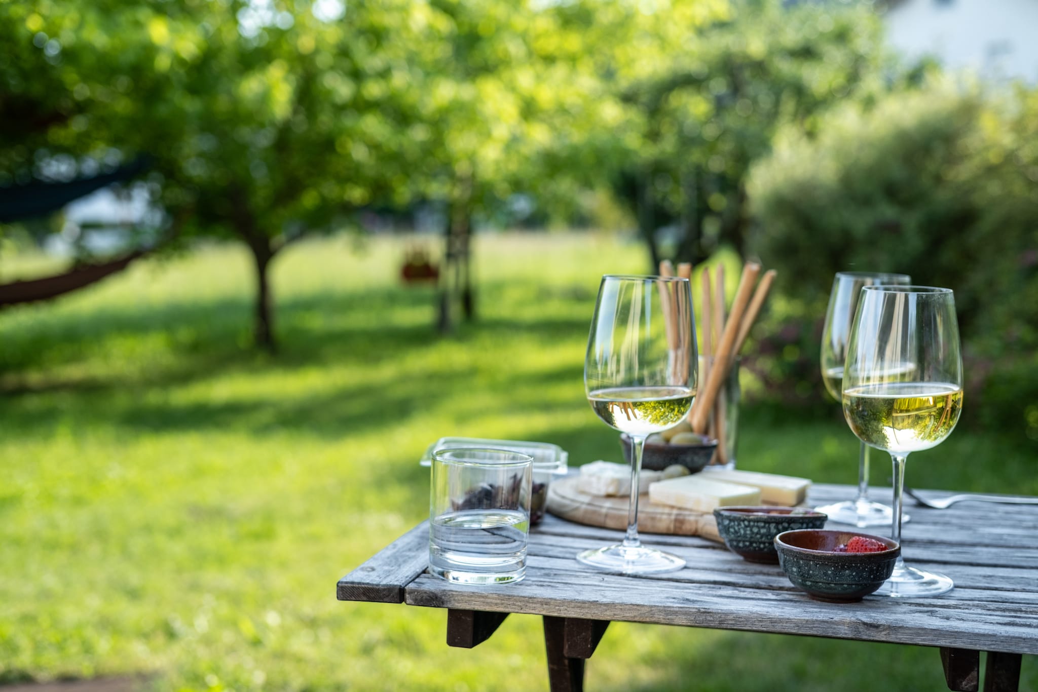 Drei Gläser mit Weißwein und Snacks auf einem Holztisch auf einer Wiese mit Bäumen.