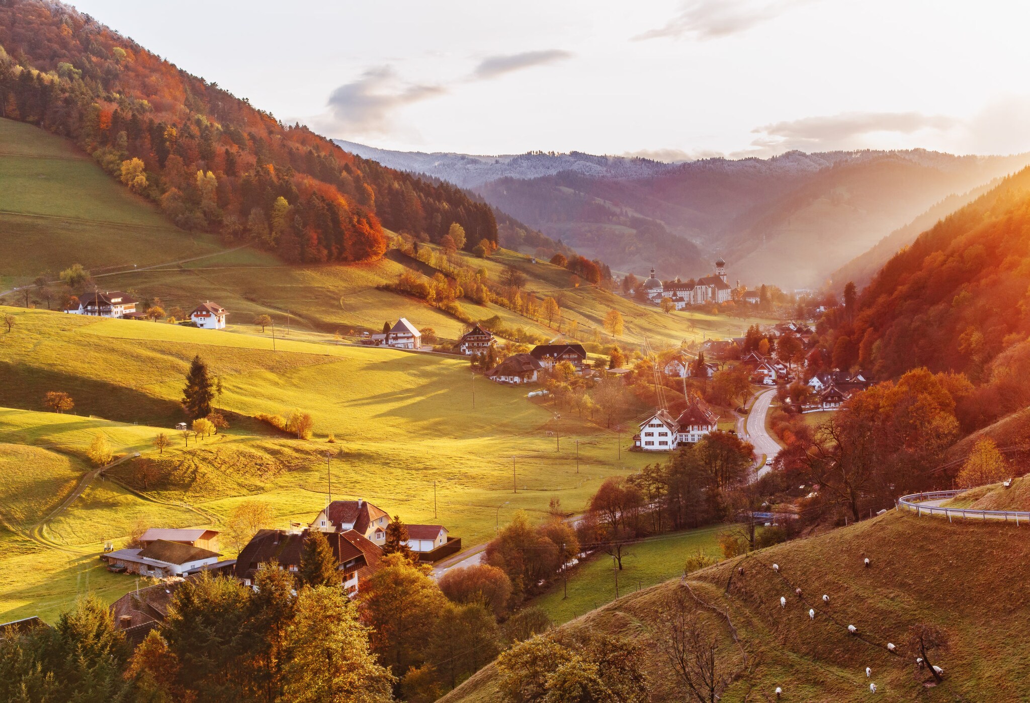 Panoramablick auf ein malerisches und von Sonnenlicht beschienenes Bergtal im herbstlichen Schwarzwald.