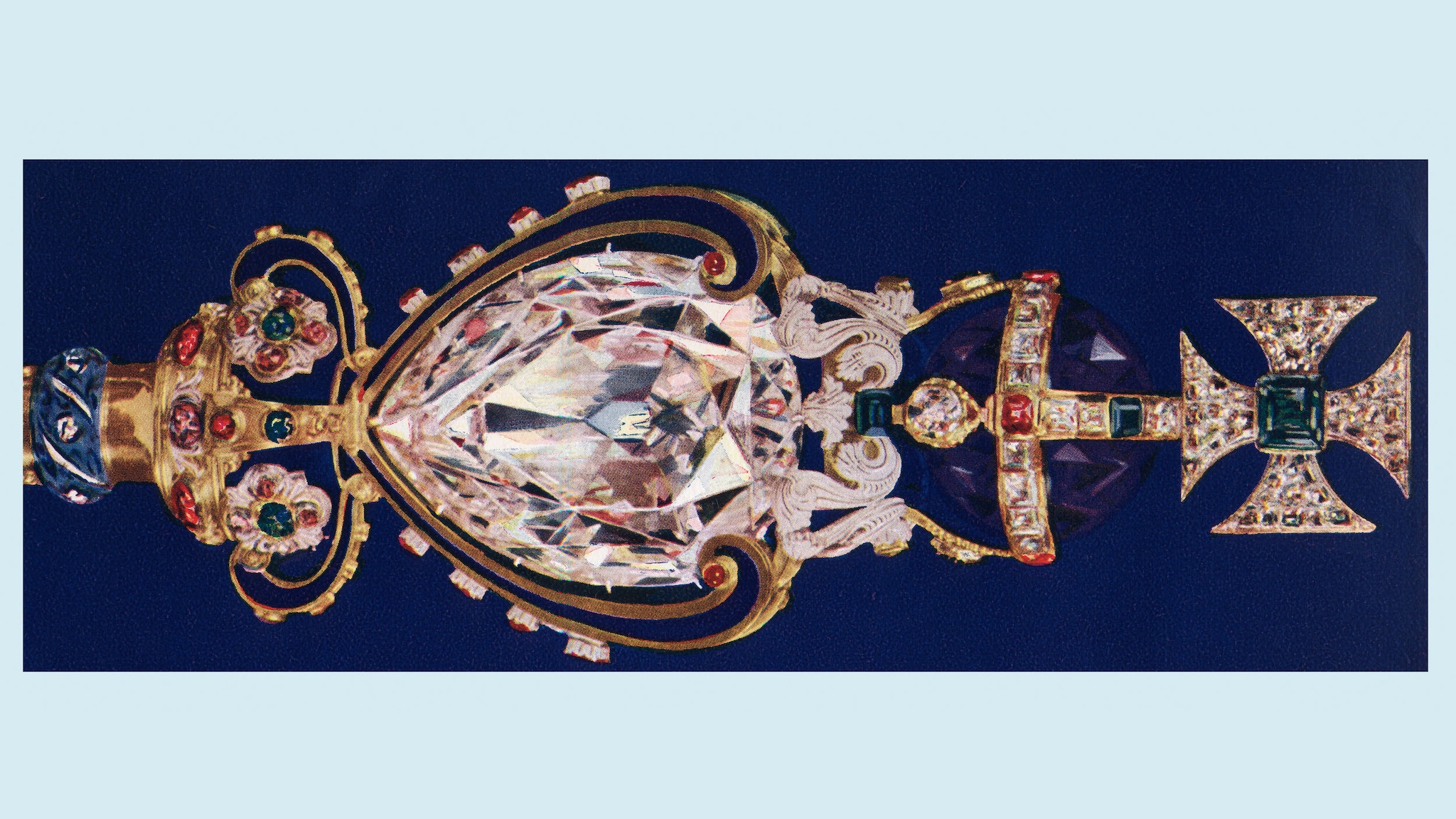 Ein riesiger herzförmiger Diamant sitzt auf einer goldenen Stange und ist von mehreren kleinen Diamanten umgeben.