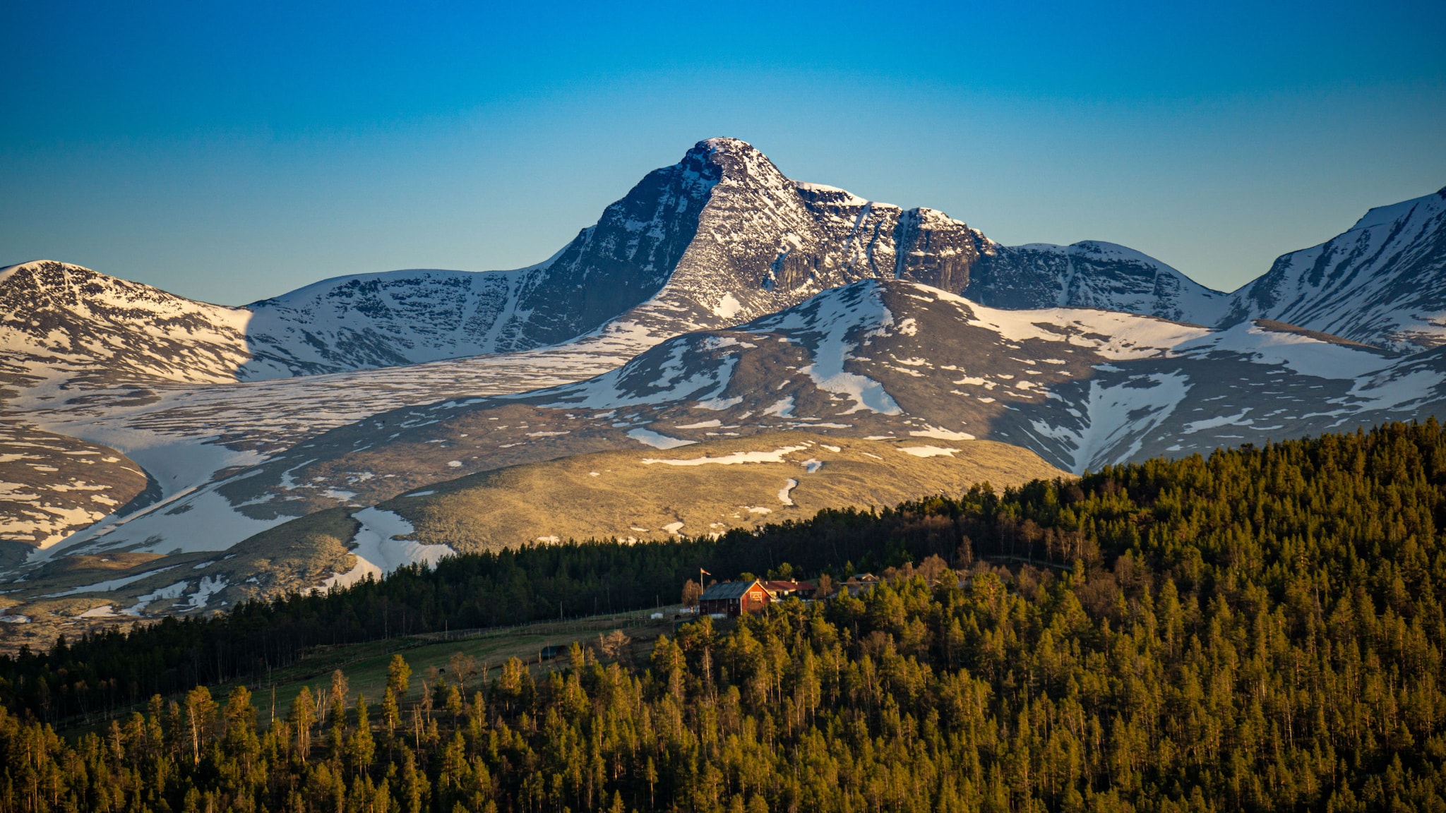 Gebirgslandschaft mit teils schneebedecktem Gipfel, einem Waldstück mit einer Lichtung und rotem Holzhaus.