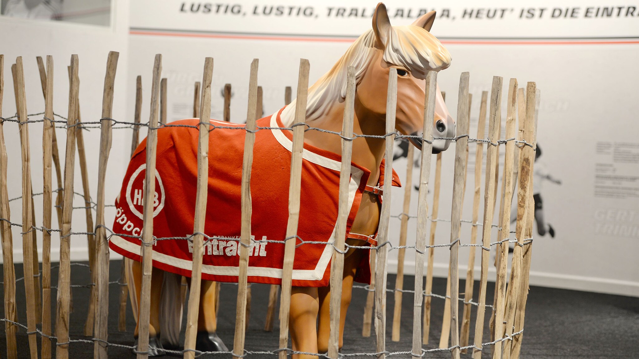 Eine Ponyfigur aus Kunststoff mit roter Eintracht Frankfurt Decke steht hinter einem Zaun in einem Ausstellungsraum.