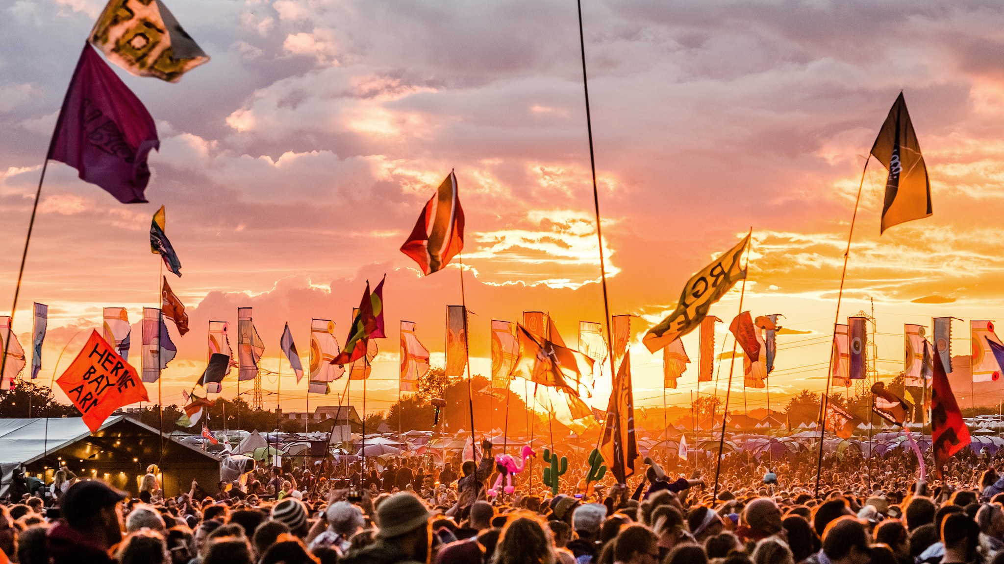 Auf einem Festival steht eine riesige Menschenmenge und hält bunte Schilder und Fahnen.