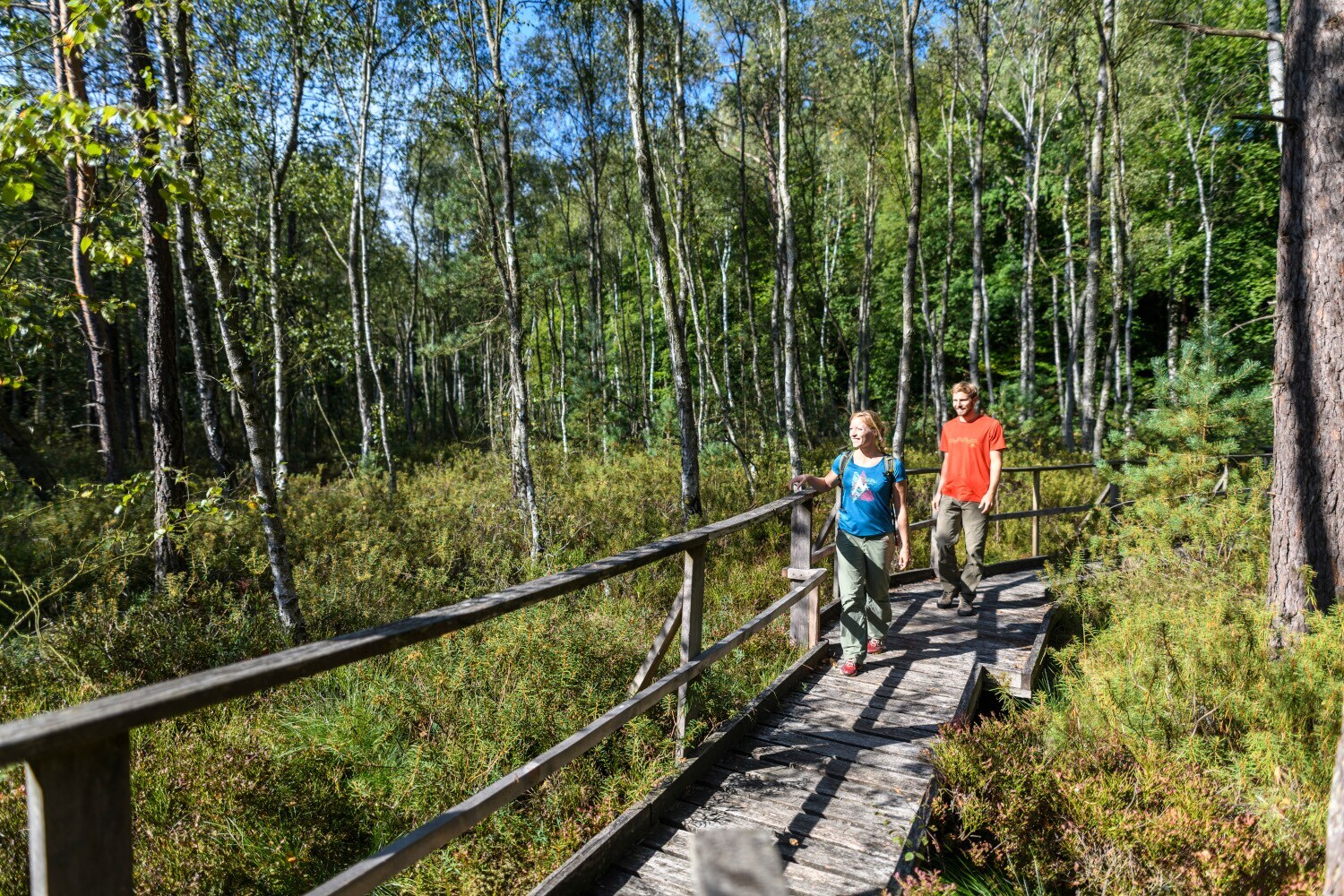 Zwei junge Leute laufen über einen Holzsteg in sumpfigem, waldigem Gelände