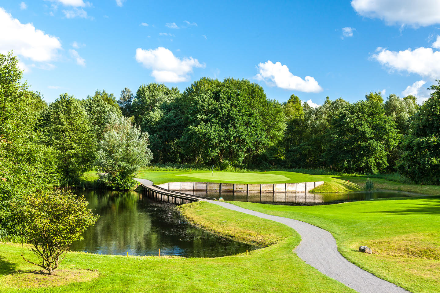 Ein Weg führt über eine kleine Brücke über einen Teich