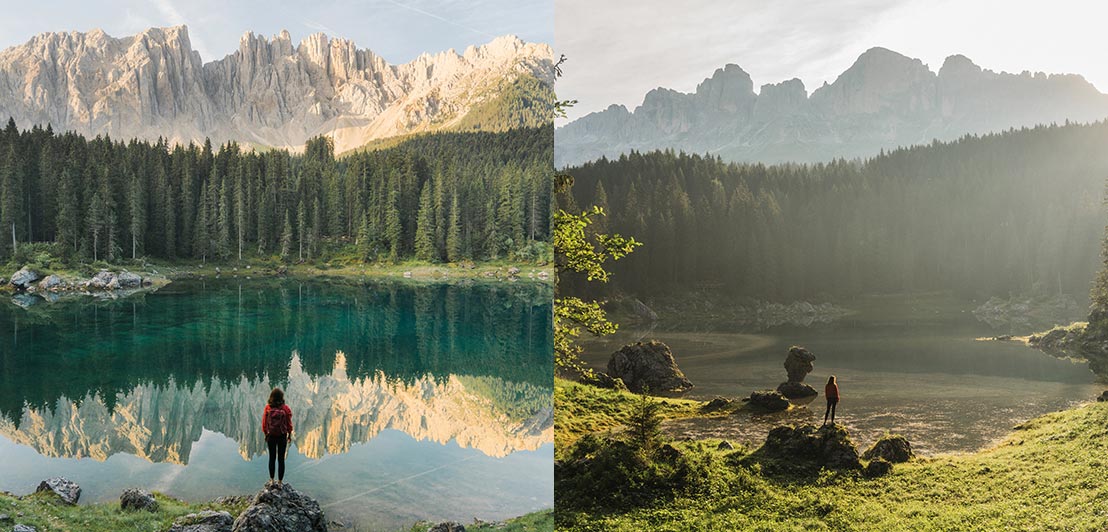 Frau vor einem Bergsee, dahinter Wald und die hoch aufragenden Dolomiten. Frau vor einem Bergsee, dahinter Wald und die hoch aufragenden Dolomiten.