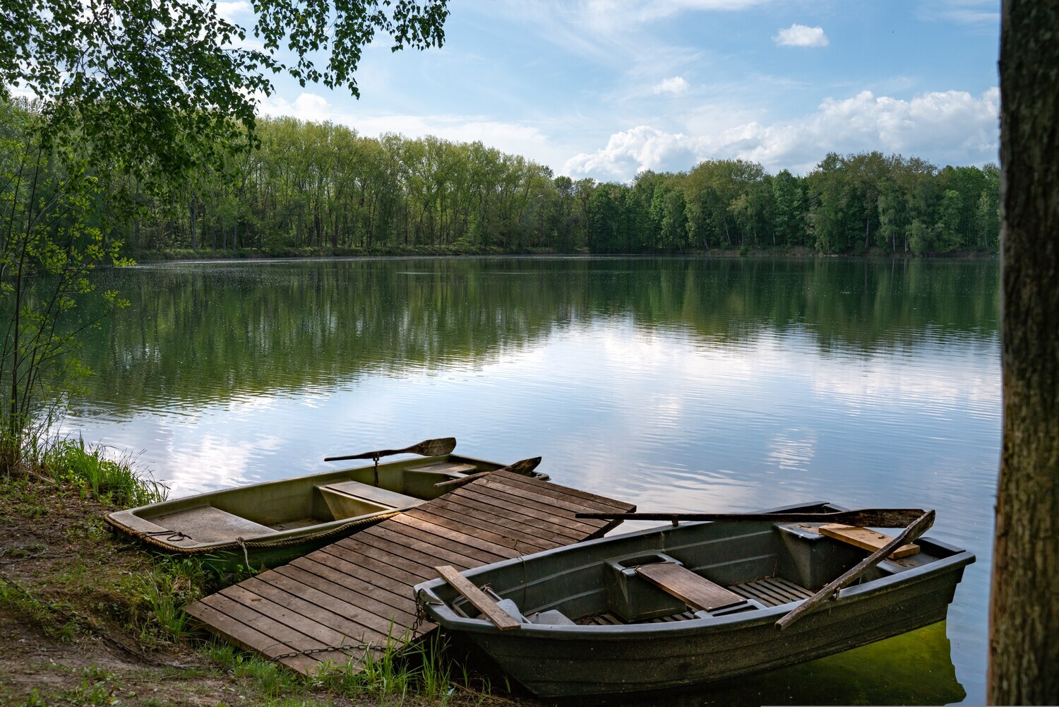 Ein von Bäumen umstandenes Gewässer mit einem Steg und zwei Ruderbooten