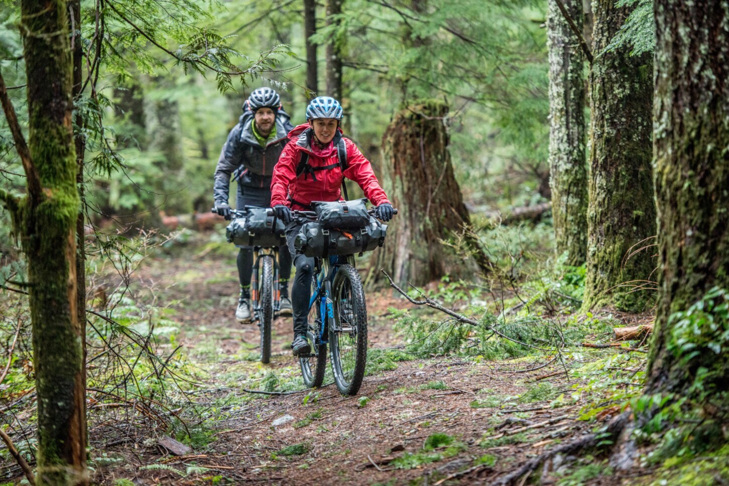 Zwei Mountainbiker mit Fahrradlenkertaschen auf einem Waldweg