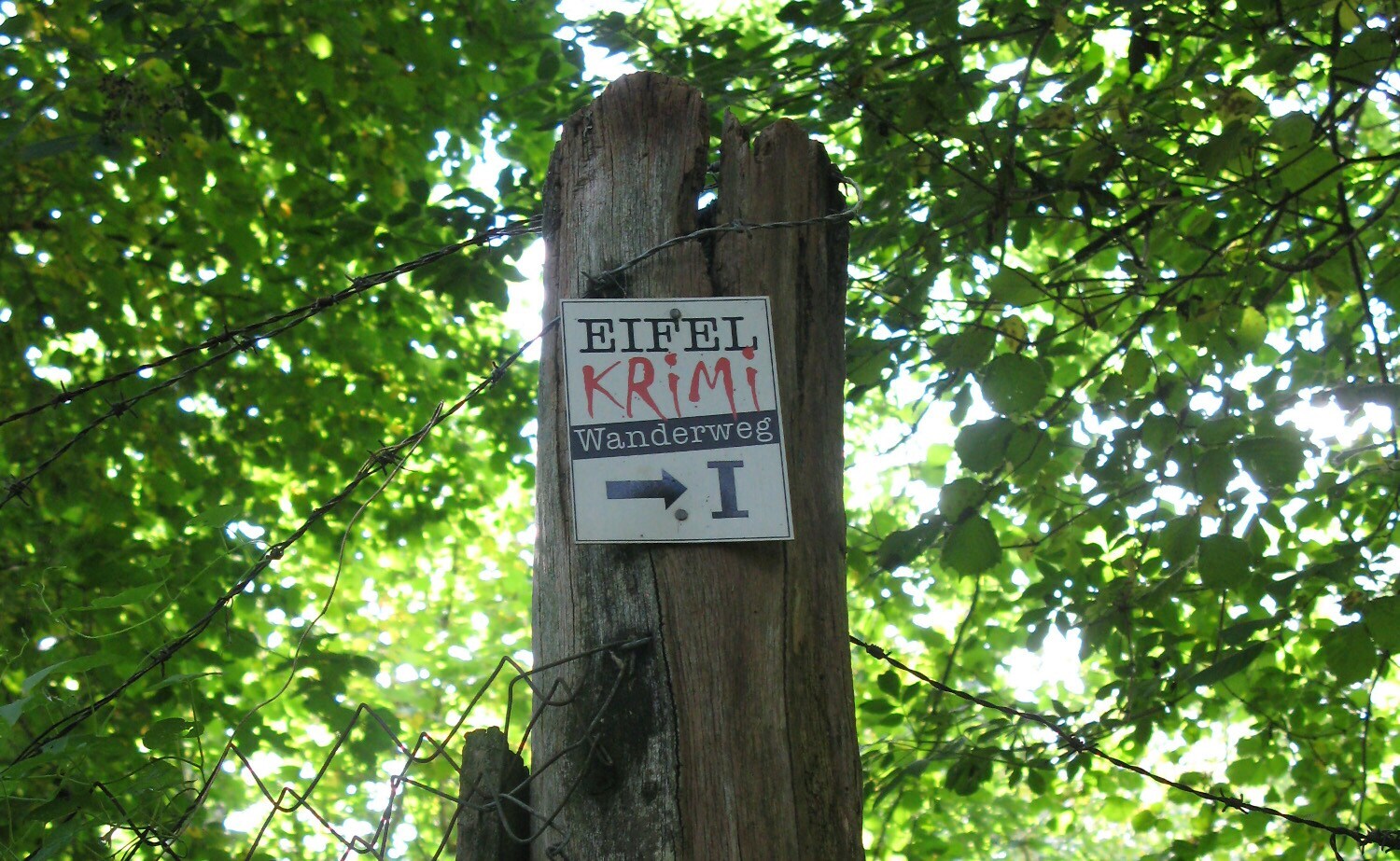 Eine Wegmarkierung des Wanderweges ist an einem morschen Pfahl befestigt