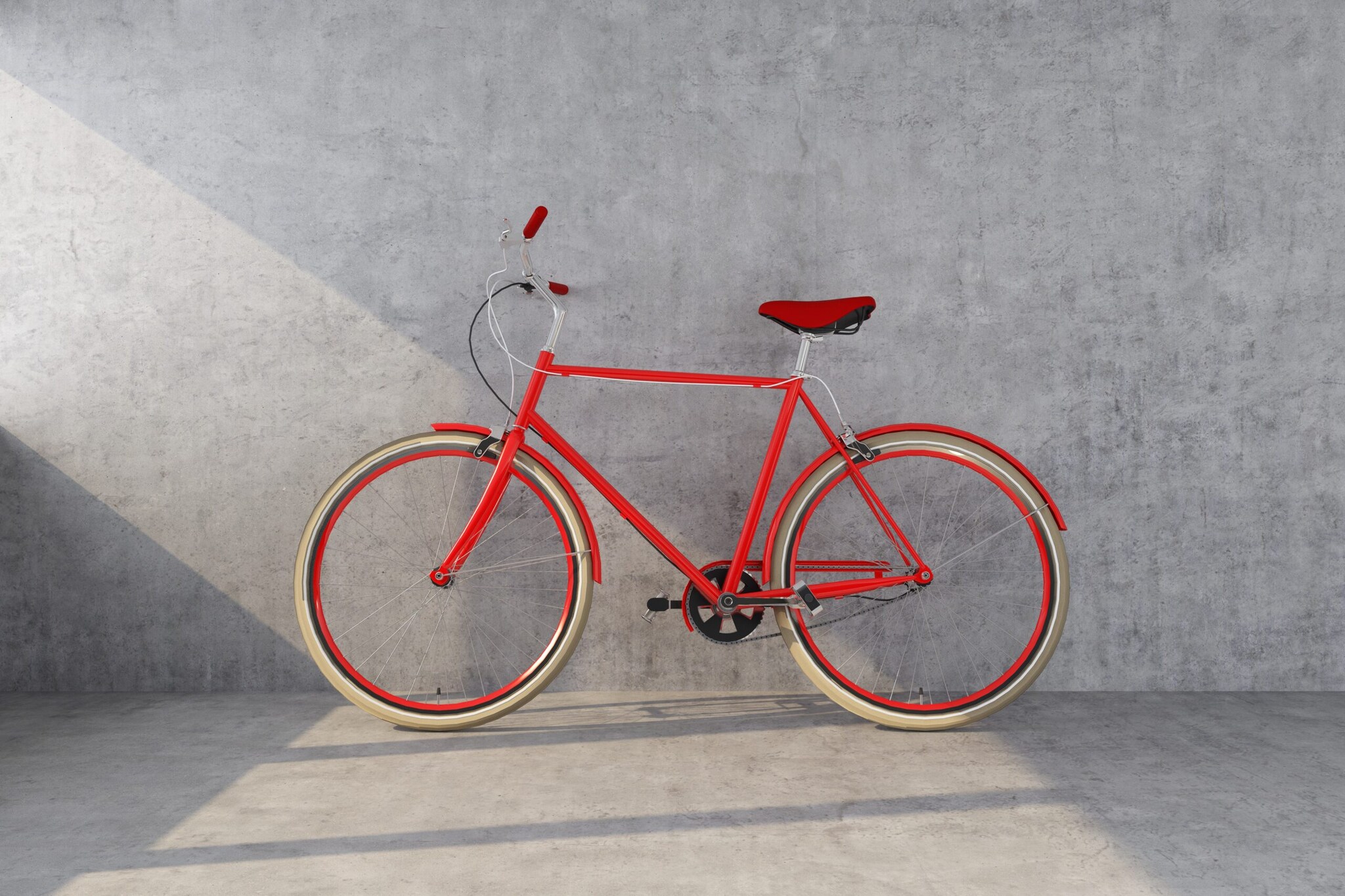 Ein orangefarbenes Designerfahrrad mit Ledersattel vor einer Betonwand