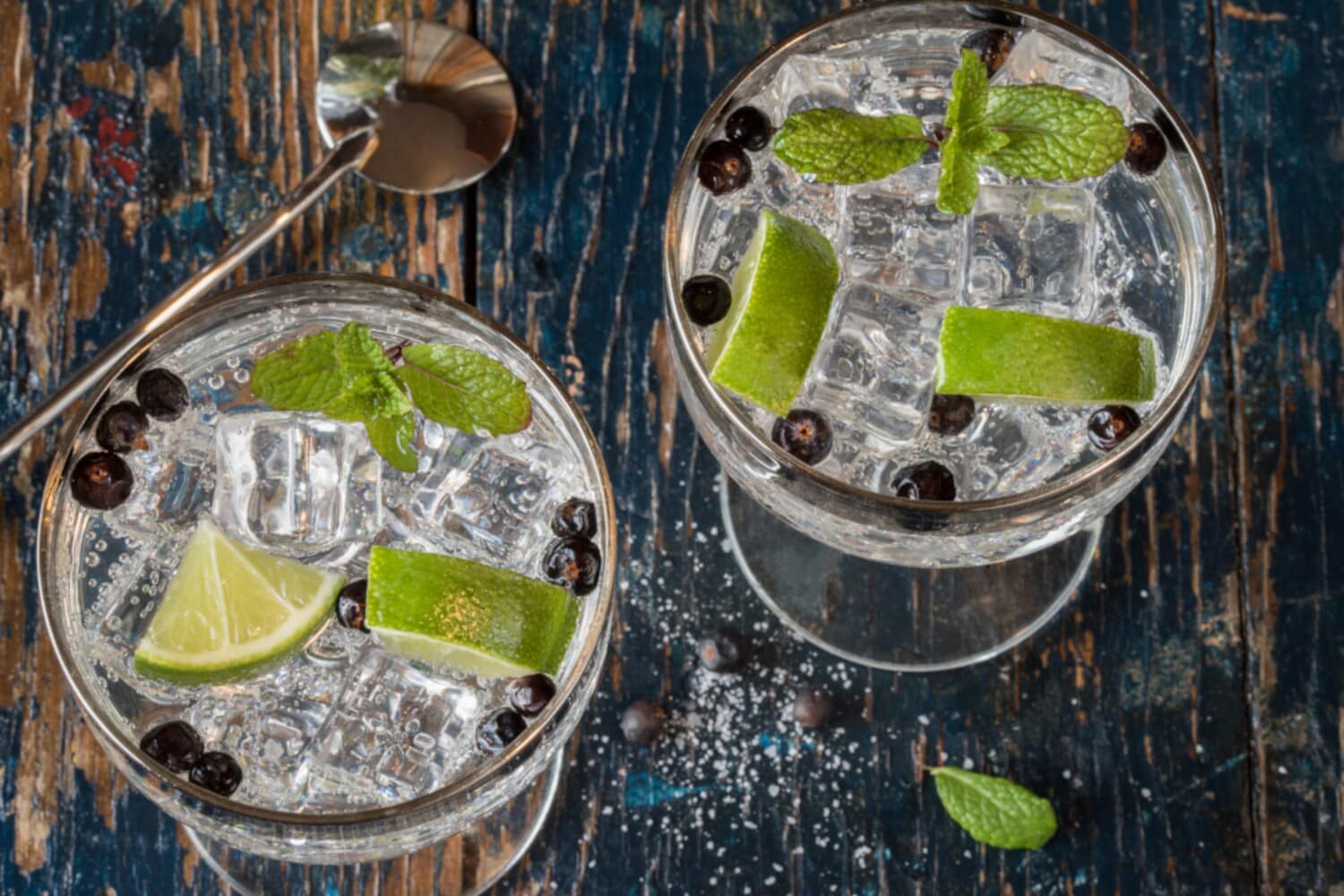 Zwei Gläser Gin Tonic mit Limette, Minze und Wacholderbeeren Zwei Gläser Gin Tonic mit Limette, Minze und Wacholderbeeren