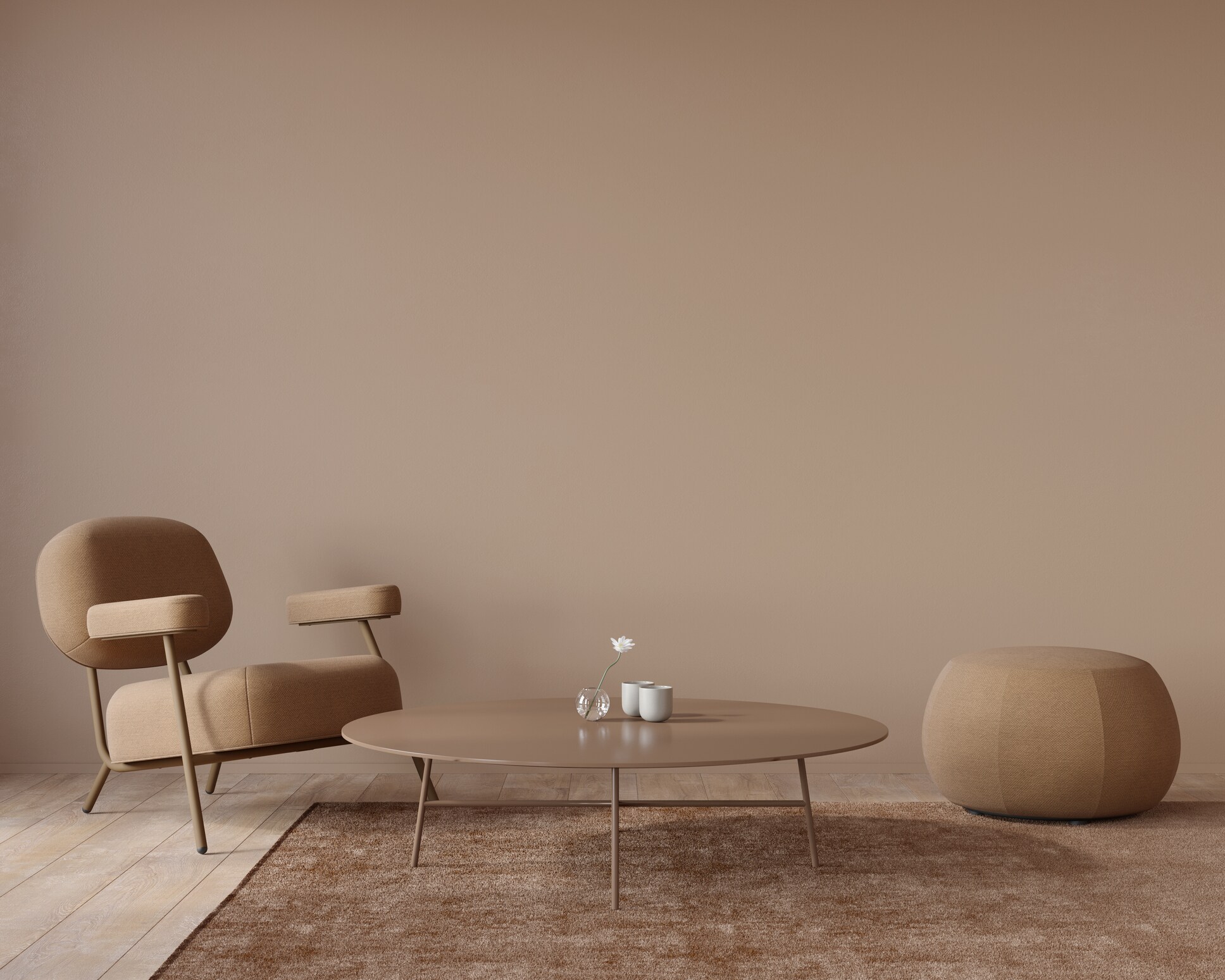 Wohnzimmer-Interieur in monochromer Terrakotta-Farbe Wohnzimmer-Interieur in monochromer Terrakotta-Farbe