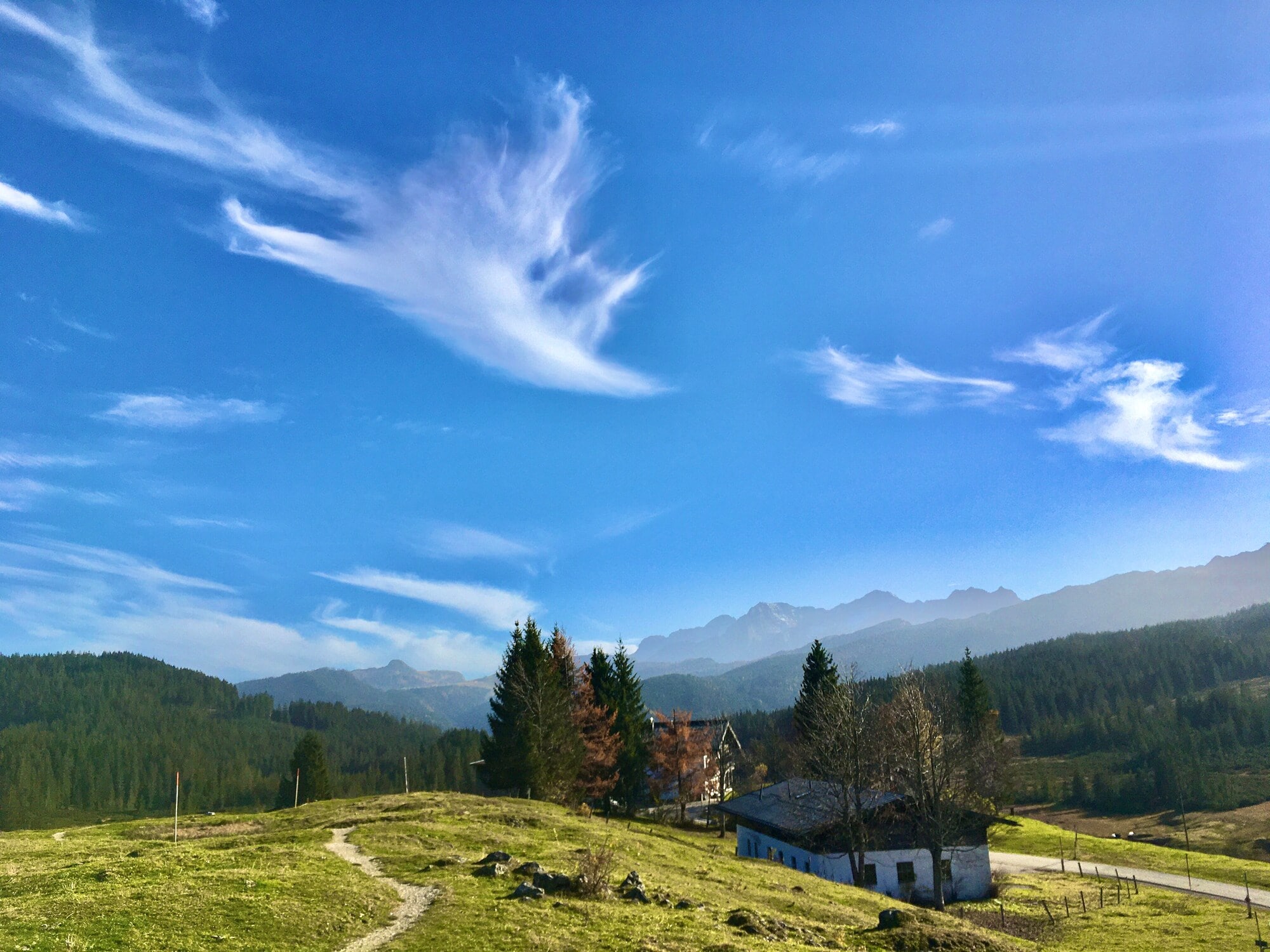 Zwei Häuser auf einer Almwiese in den Alpen vor Bergpanorama Zwei Häuser auf einer Almwiese in den Alpen vor Bergpanorama