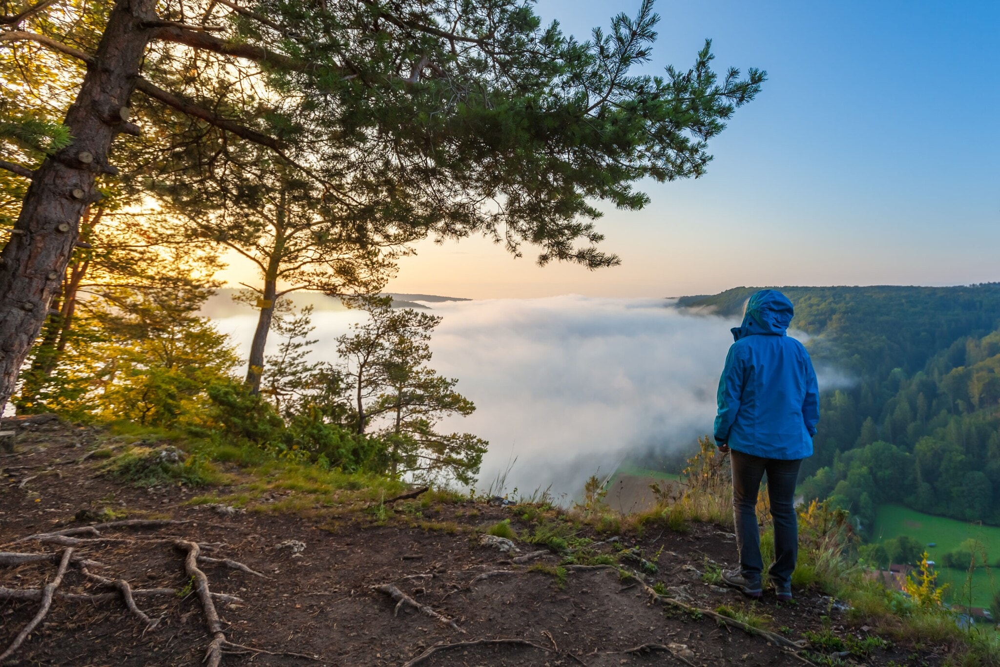 Frau in blauer Funktionsjacke blickt in ein Tal voller Nebel Frau in blauer Funktionsjacke blickt in ein Tal voller Nebel