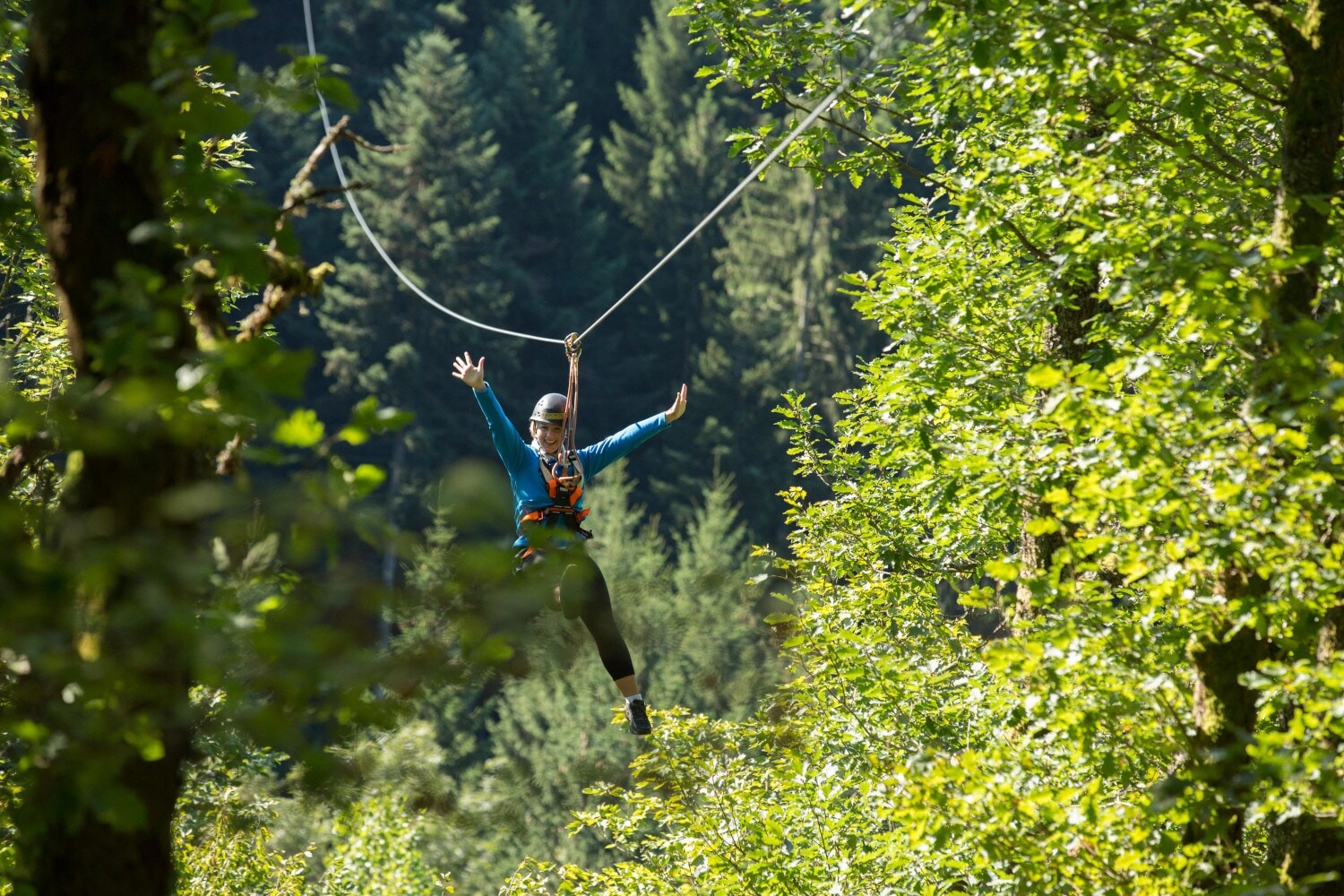 Eine Frau in sportlicher Kleidung hängt über einem Waldgebiet in der Zipline Eine Frau in sportlicher Kleidung hängt über einem Waldgebiet in der Zipline