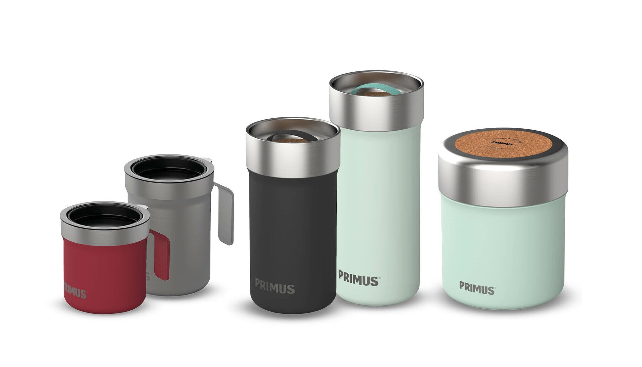 Sechs Becher und Behälter in unterschiedlichen Farben