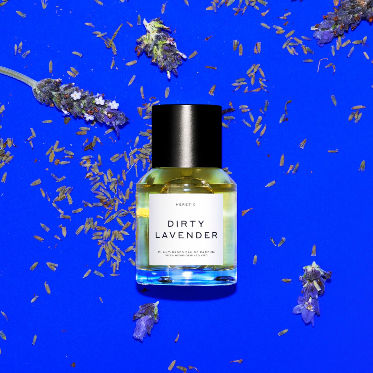 Ein Parfümflakon vor einem kobaltblauen Hintergrund mit Lavendelblüten und und Samen