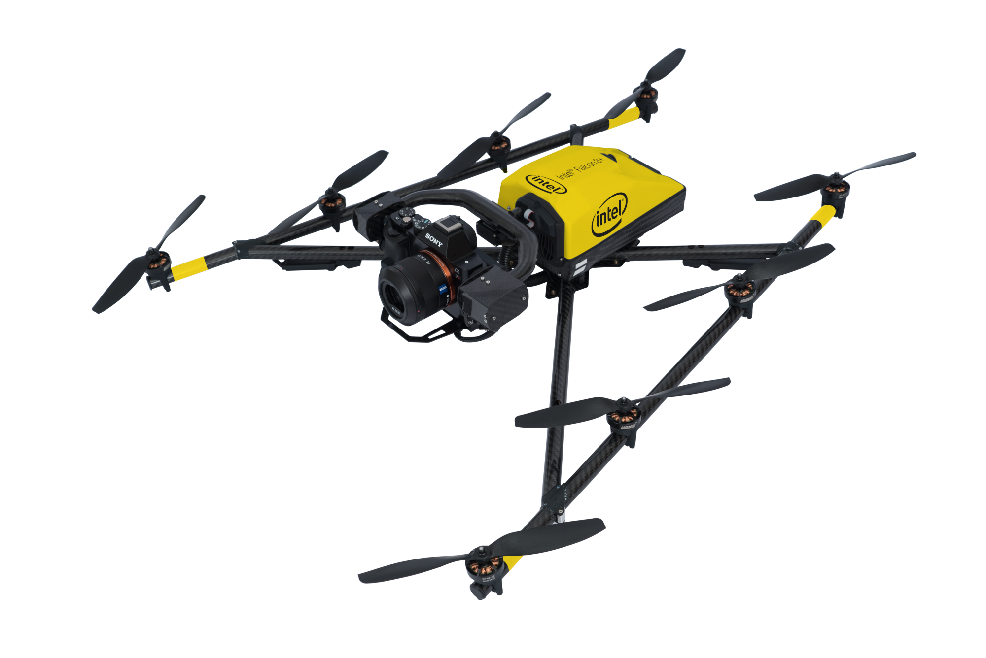 Eine schwarz-gelbe Drohne mit seitlich je vier Propellern