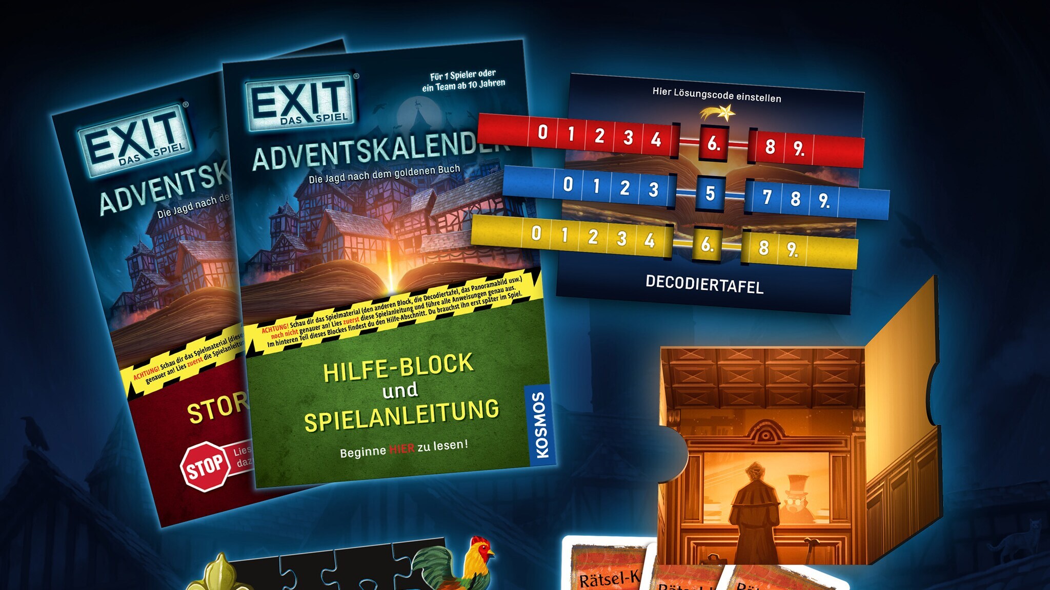 Bildmontage mit Illustrationen unterschiedlicher Komponenten eines Rätsel-Spiels auf blauem Hintergrund