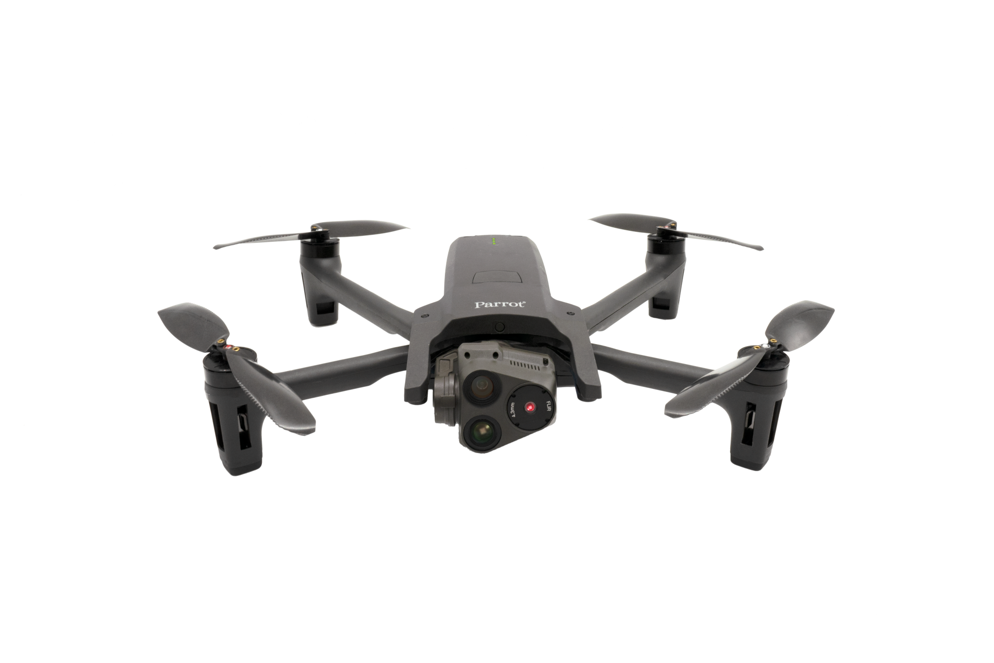 Eine schwarze Drohne mit zwei Kameras und vier Propellern Eine schwarze Drohne mit zwei Kameras und vier Propellern