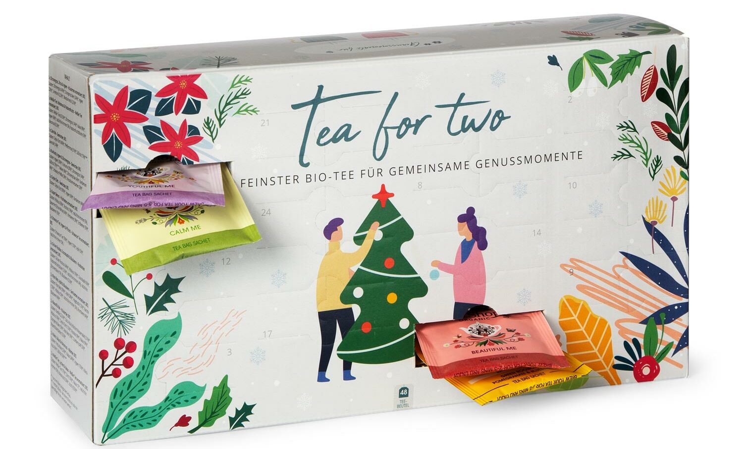 Ein bunt bedruckter Karton, aus dem Teebeutel herausragen.