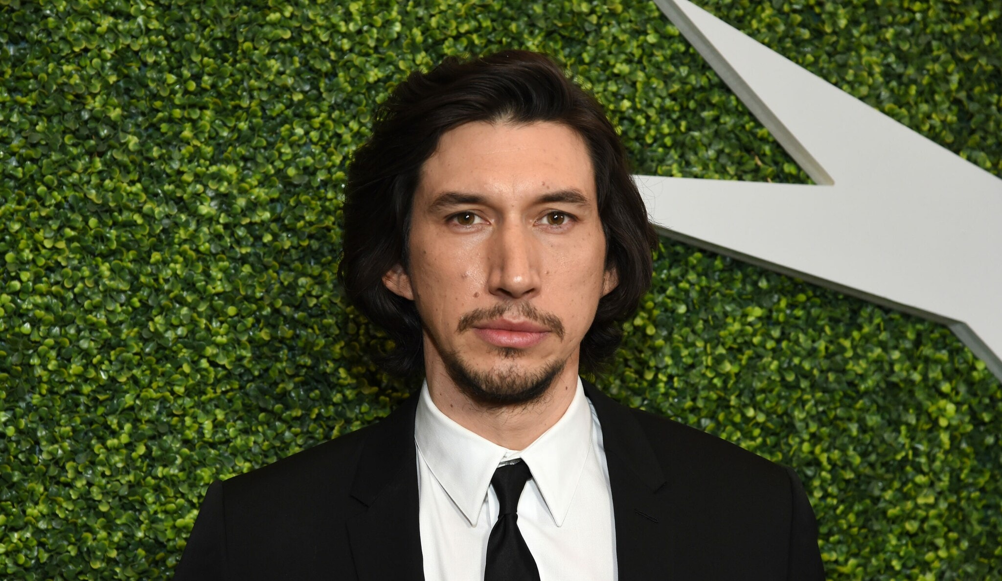 Porträt von Adam Driver mit Bart und Anzug vor grünem Hintergrund. Porträt von Adam Driver mit Bart und Anzug vor grünem Hintergrund.