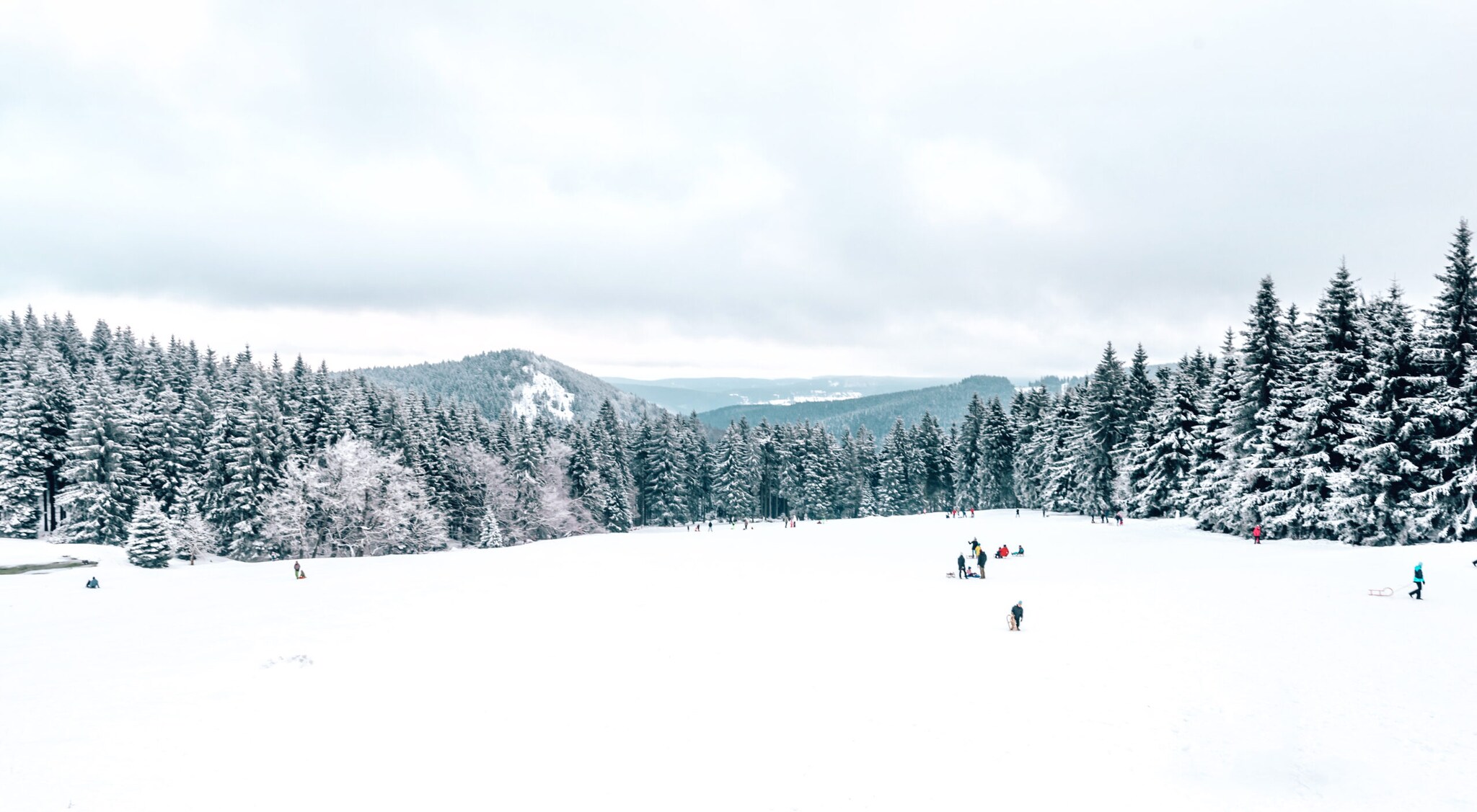 Eine schneebedeckte Freifläche mit Menschen, im Hintergrund Tannenwälder und Bergketten.