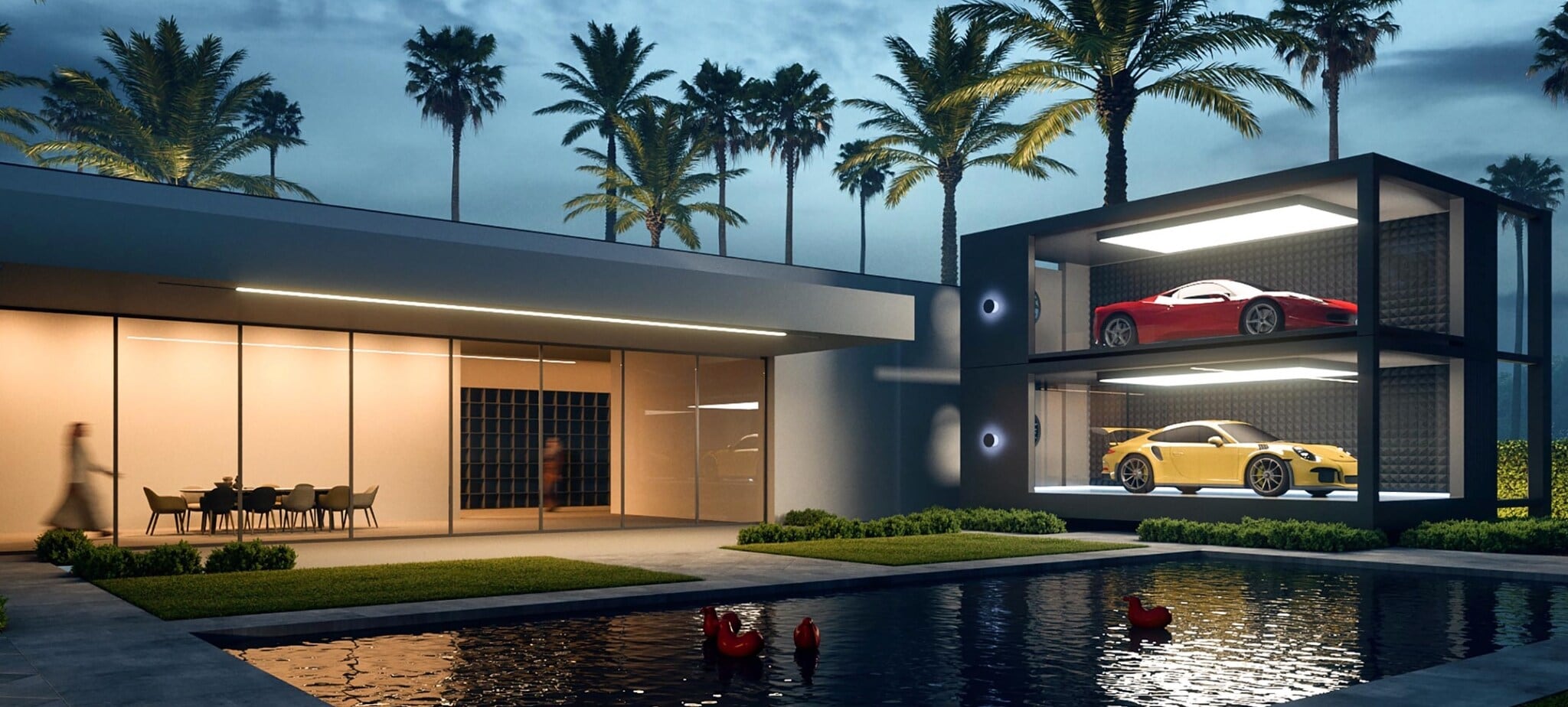 Zwei teure Autos stehen in einer zweistöckigen Garage mit Glaswänden neben einem Bungalow und einem Pool. Zwei teure Autos stehen in einer zweistöckigen Garage mit Glaswänden neben einem Bungalow und einem Pool.