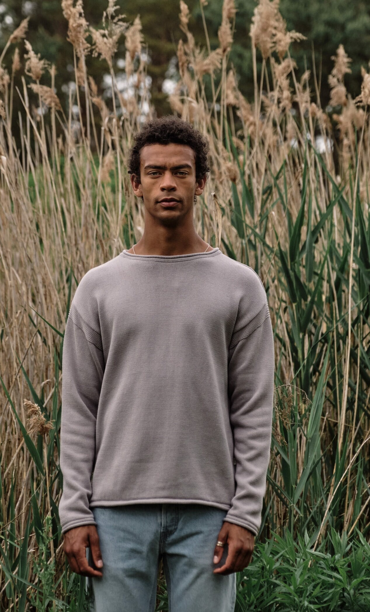 Ein Mann in einem grauen Shirt steht vor hohem Schilfgewächs. Ein Mann in einem grauen Shirt steht vor hohem Schilfgewächs.