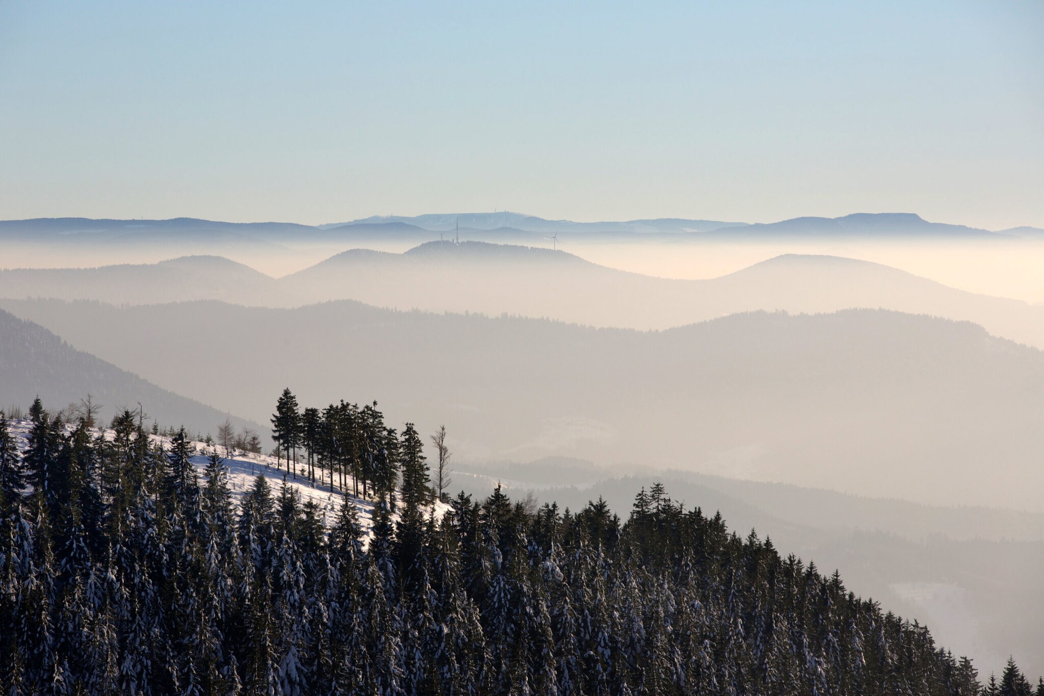 Blick über die Berglandschaft des Schwarzwaldes mit Nebelfelder im Hintergrund