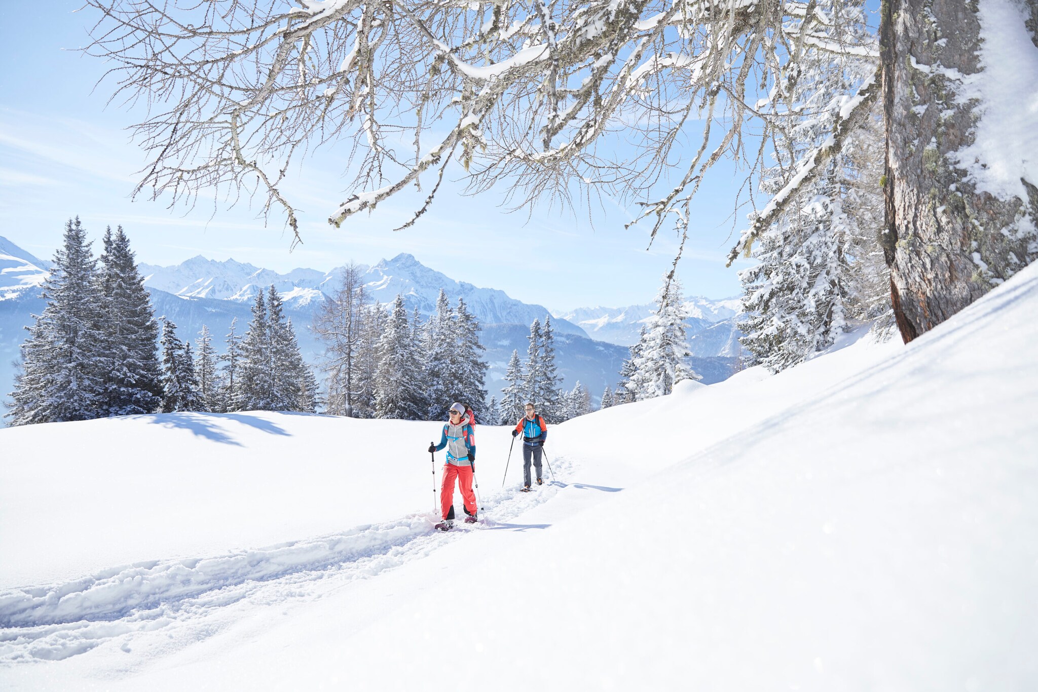 Zwei Wandernde mit Stöcken in einer verschneiten Berglandschaft