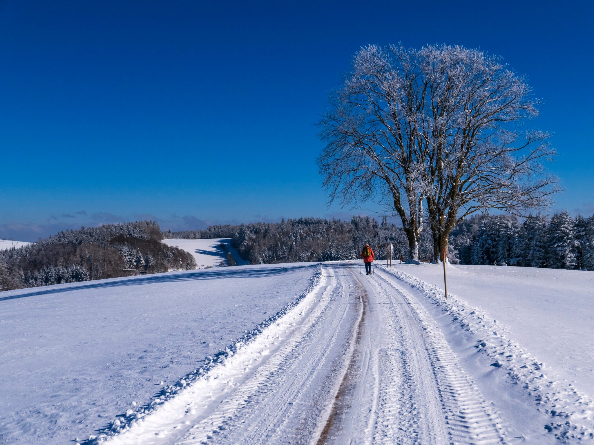 Eine Person wandert durch eine schneebedeckte Landschaft