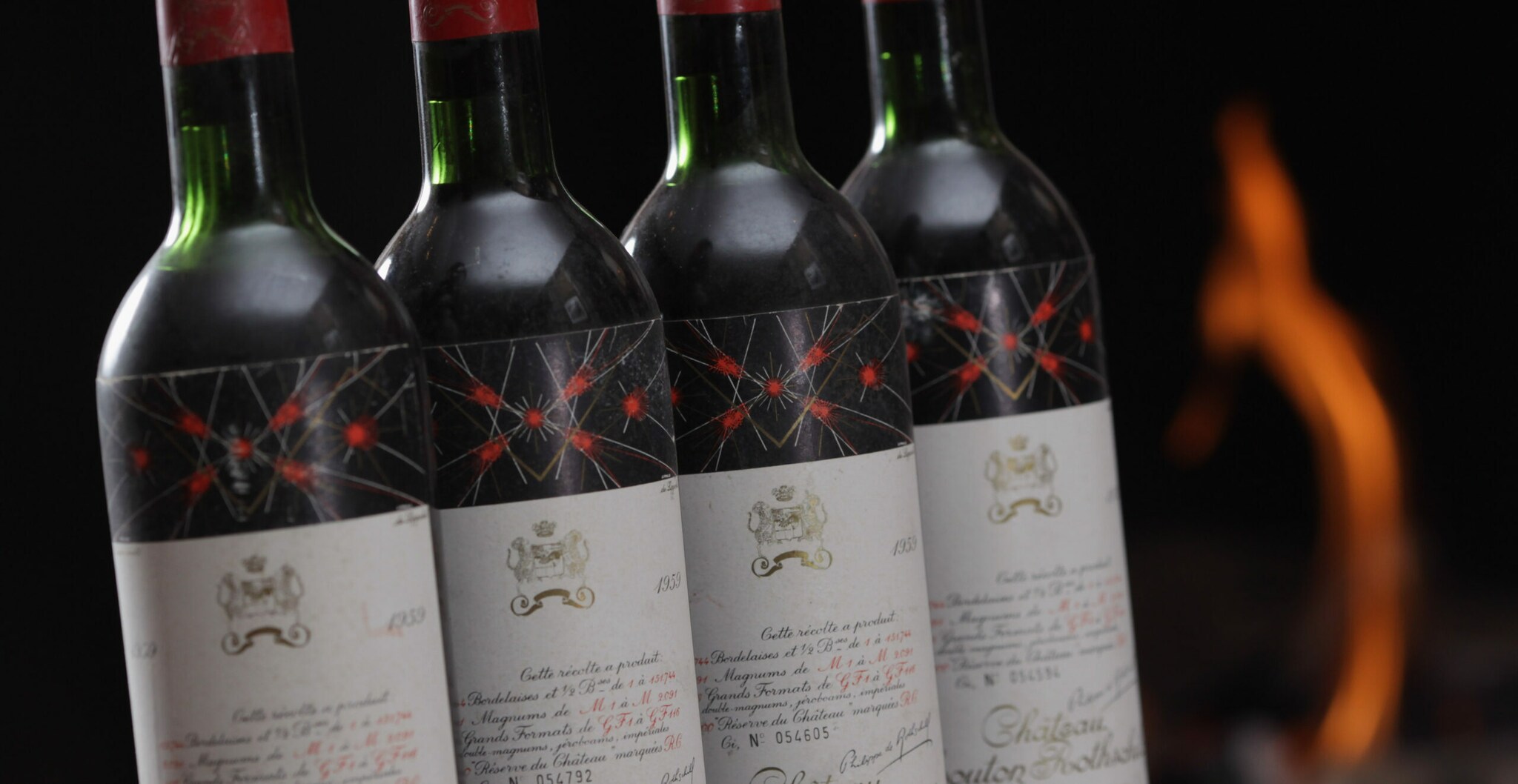 Vier Flaschenetiketten von Chateau Mouton Rothschild 1959
