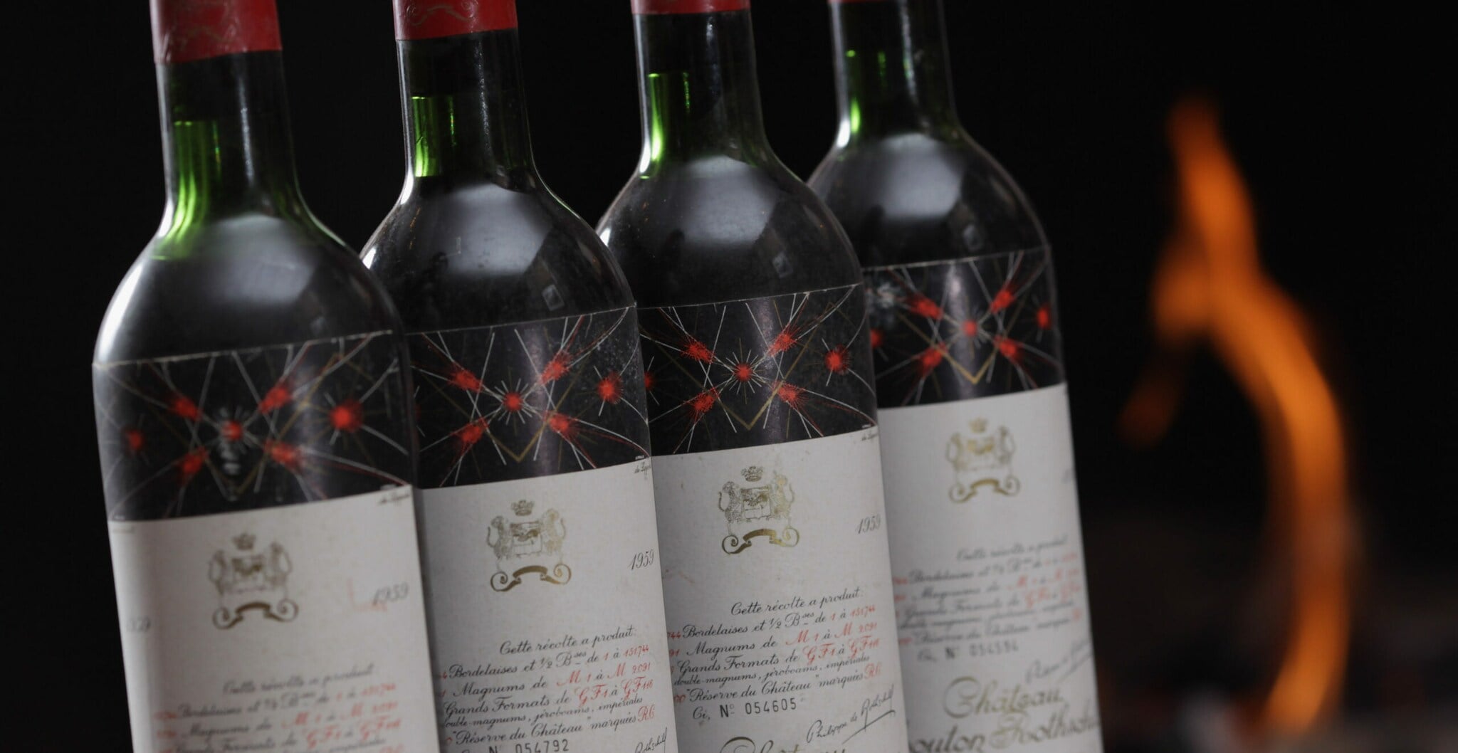 Vier Flaschenetiketten von Chateau Mouton Rothschild 1959 Vier Flaschenetiketten von Chateau Mouton Rothschild 1959