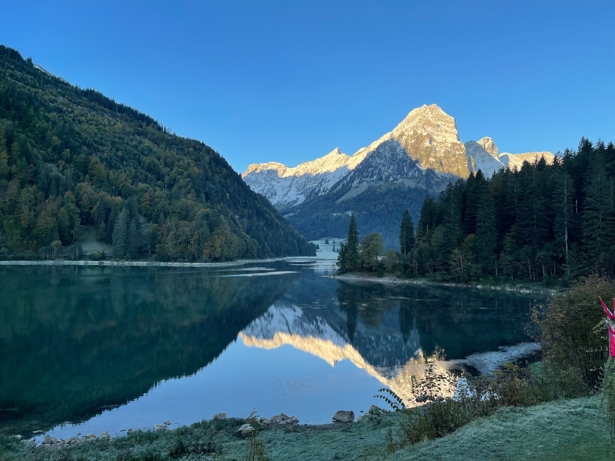 Ein See in bewaldeter Berglandschaft bei Dämmerung
