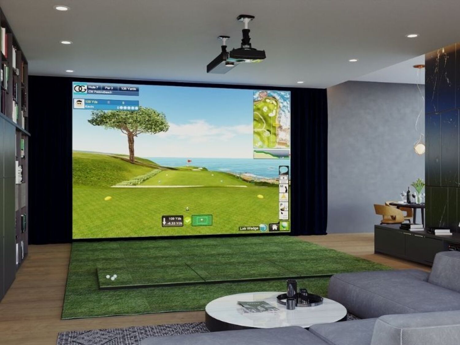 Eine XL-Leinwand mit Golfsimulator in einem privaten Wohnzimmer