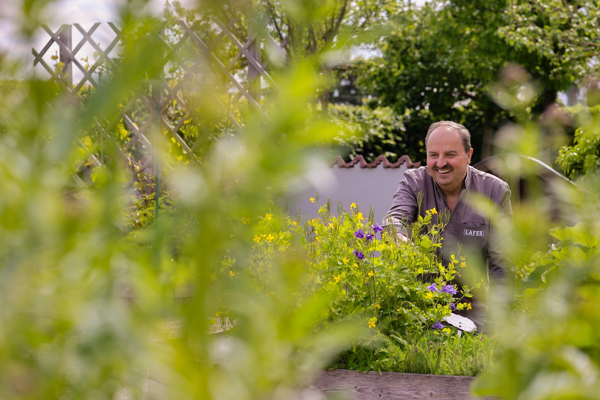 Starkoch Johann Lafer kniet in an einem Kräuterbeet in einem Garten, im Vordergrund Pflanzen