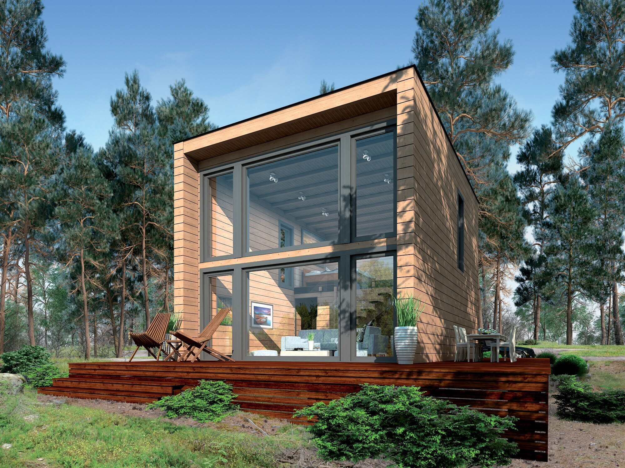 Ein modernes Blockhaus mit bodentiefer Glasfront und Terrasse im Wald