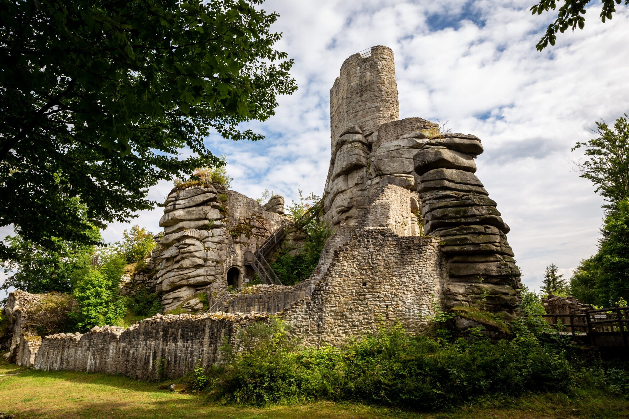 Burgruine umgeben von Bäumen