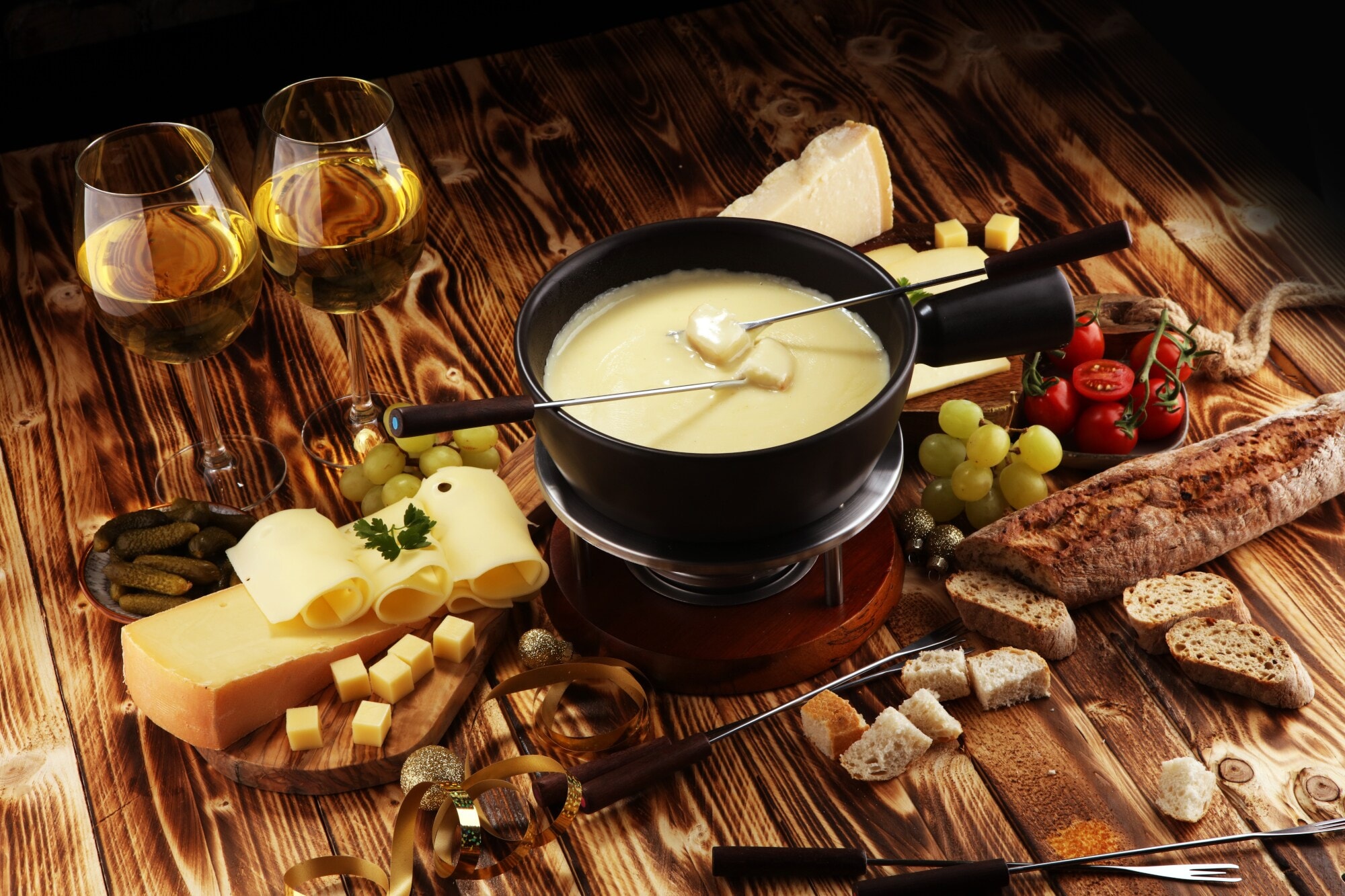 Käsefondue mit Brot und Getränken Käsefondue mit Brot und Getränken